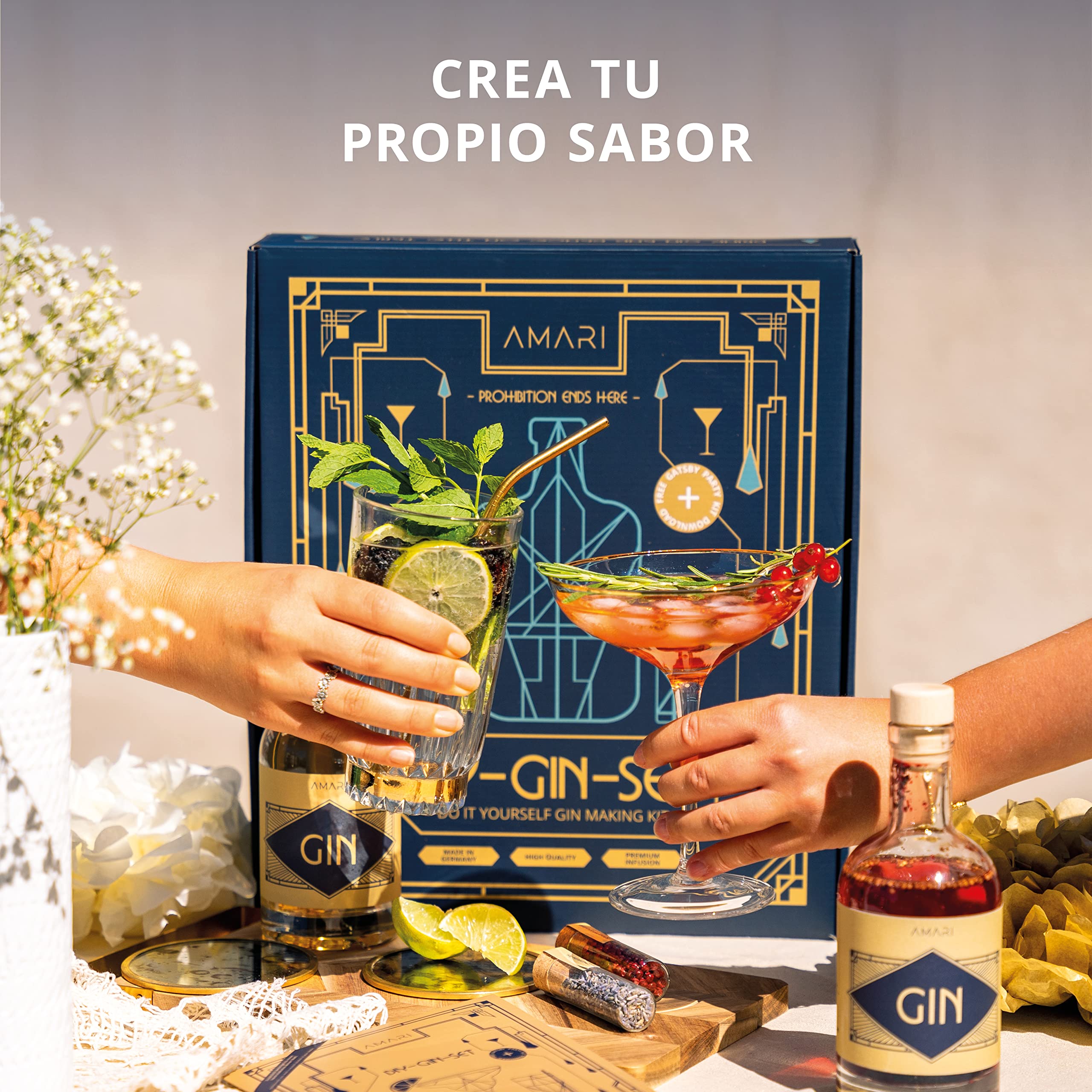 AMARI® DIY Gin Set - para hacer usted mismo, set de regalo incl. botánicos - Perfecto para en casa o como regalo, caja de regalo Gin Tasting - ideas de regalo do it yourself, kit de ginebra