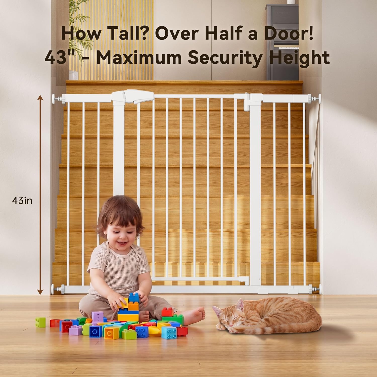 Fldofaves 42" Extra Tall Pet Gate for Cats and Dogs, Fits 29.5"-39" Wide Openings, Pressure Mounted Auto Close Cat Gate with Ultra Narrow Bar Spacing for Doorways, Stairs, Hallways(White)