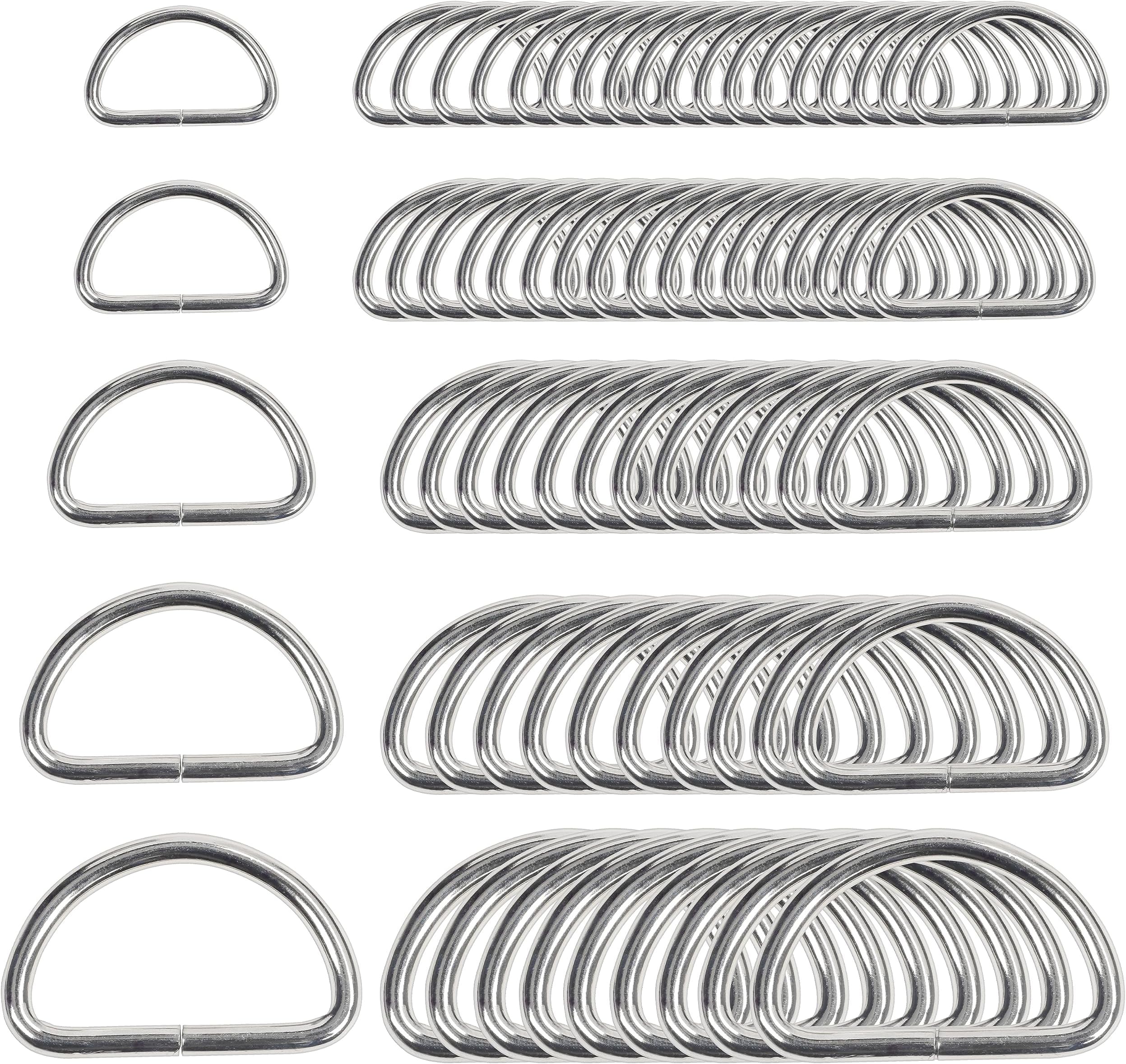 Belle Vous 120 Pack Silver Metal D Ring - Assorted Nickel Plated Semi-Circular Rings - Non-Welded Loop Buckles for Bag Webbing Strap, Dog Collars, Handbag Purse, Backpack & DIY Accessories