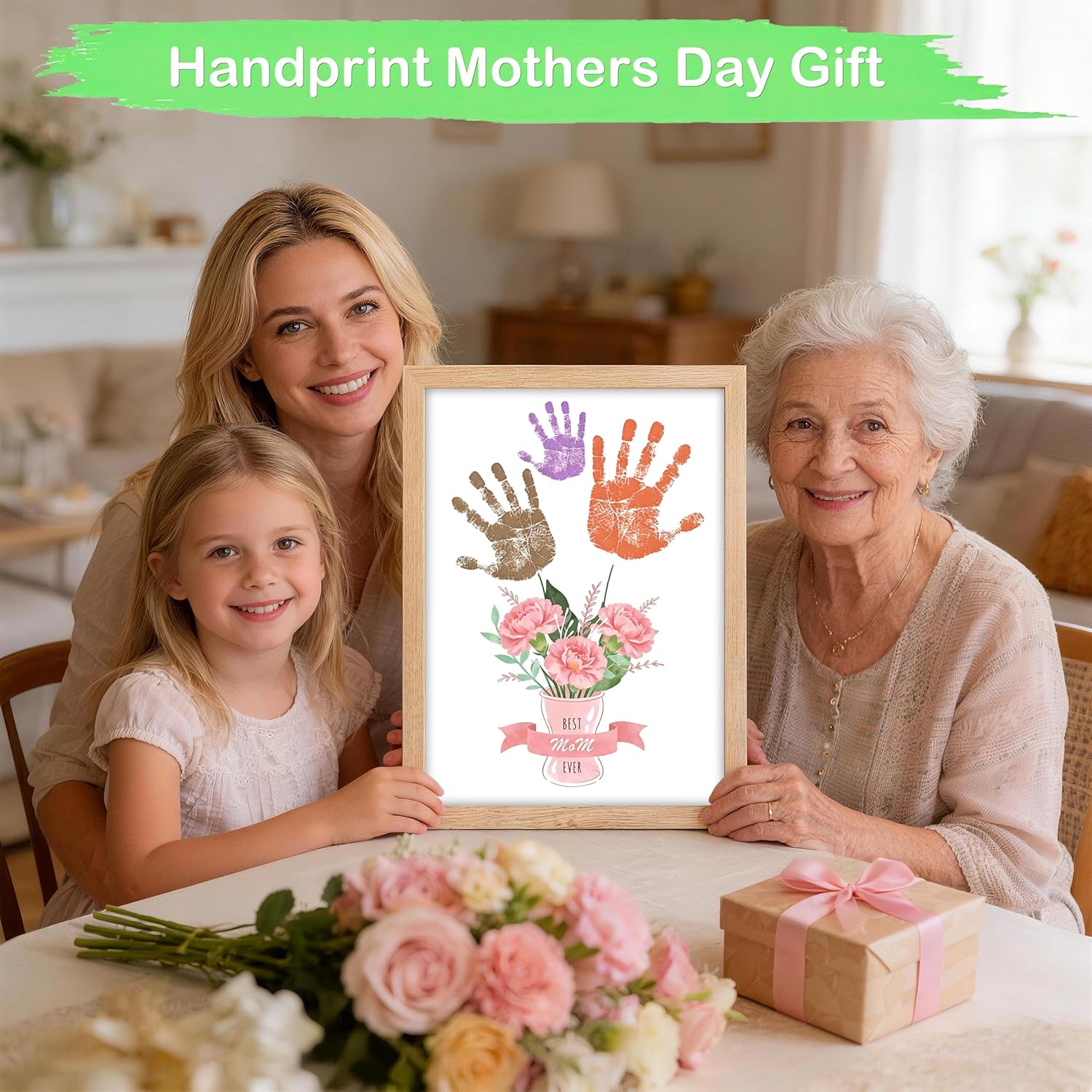 J6&H6 Mother’s Day Handprint Flower Craft Kit Cute Keepsake from Daughter or Son Included Wooden Frame Unique Bouquet Design Background for Mom Grandma Anniversary and Family Memories