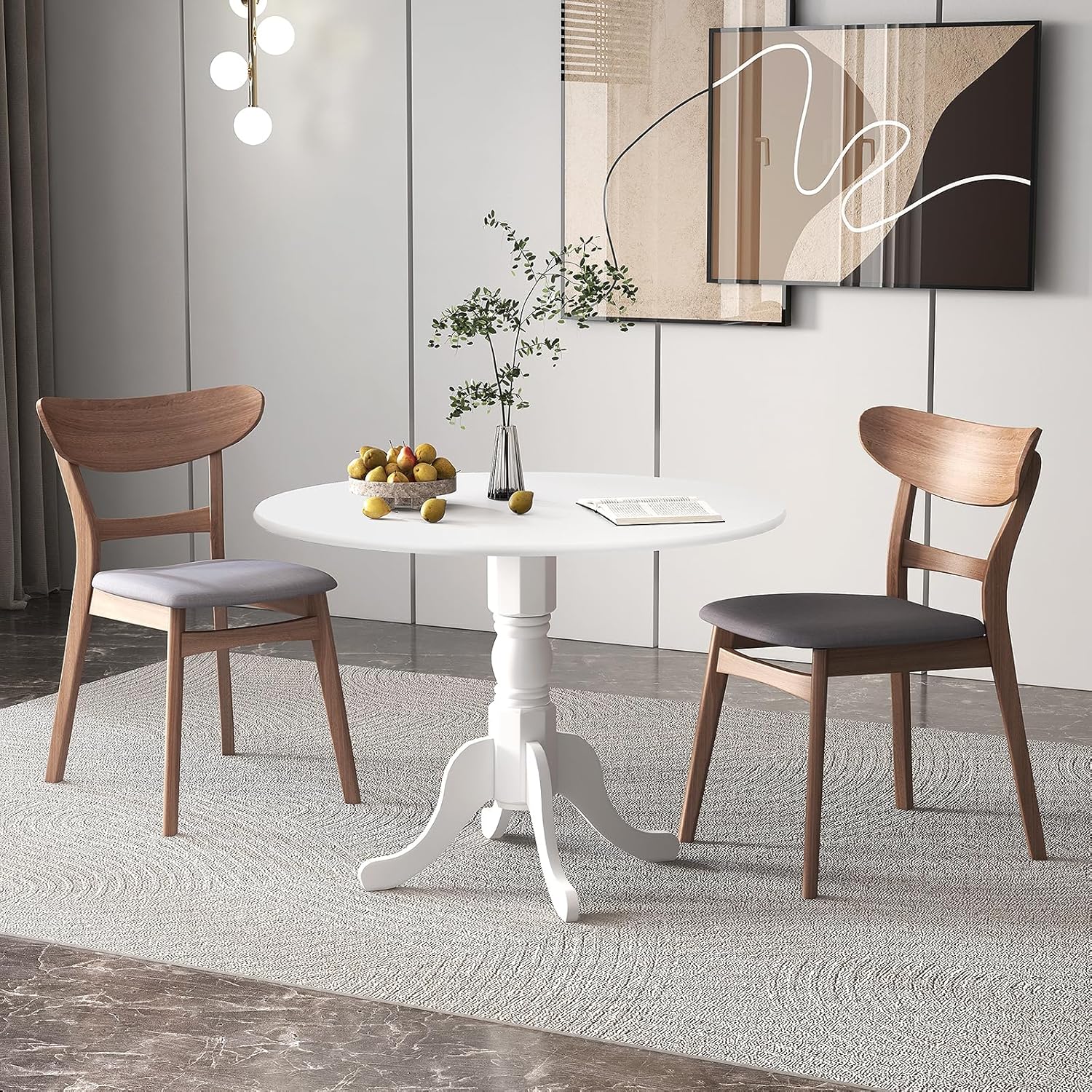 Giantex Round Dining Table, 39" D X 29" H, Rubber Wood Pedestal Table W/Round Tabletop & Curved Trestle Legs, 4-Person Dinner Table for Kitchen, Dining Room, Restaurant (White)