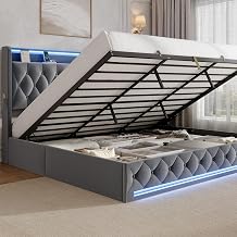 King Size Hydraulic Lift Up Storage Bed Frame with Shelves, Side Pockets & Charging Station, Upholstered LED Platform Bed with Button Tufted Headboard, No Box Spring Needed, Velvet Grey
