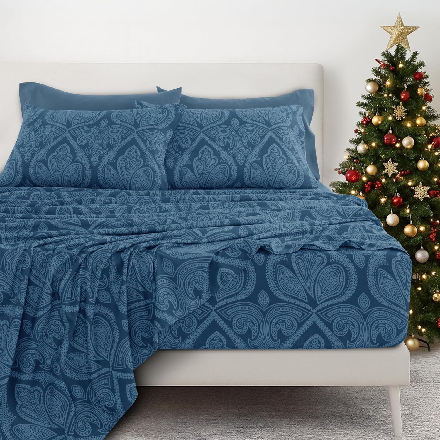 Ultra Soft Wrinkle-Free Microfiber Paisley King Sheet Set, Breathable Boho Bed Sheet Set – 16" Deep Pocket Fitted Sheet, Flat Sheet & 4 Pillowcases, Juegos de Sábanas, OEKO-TEX - Navy Blue - Image 2