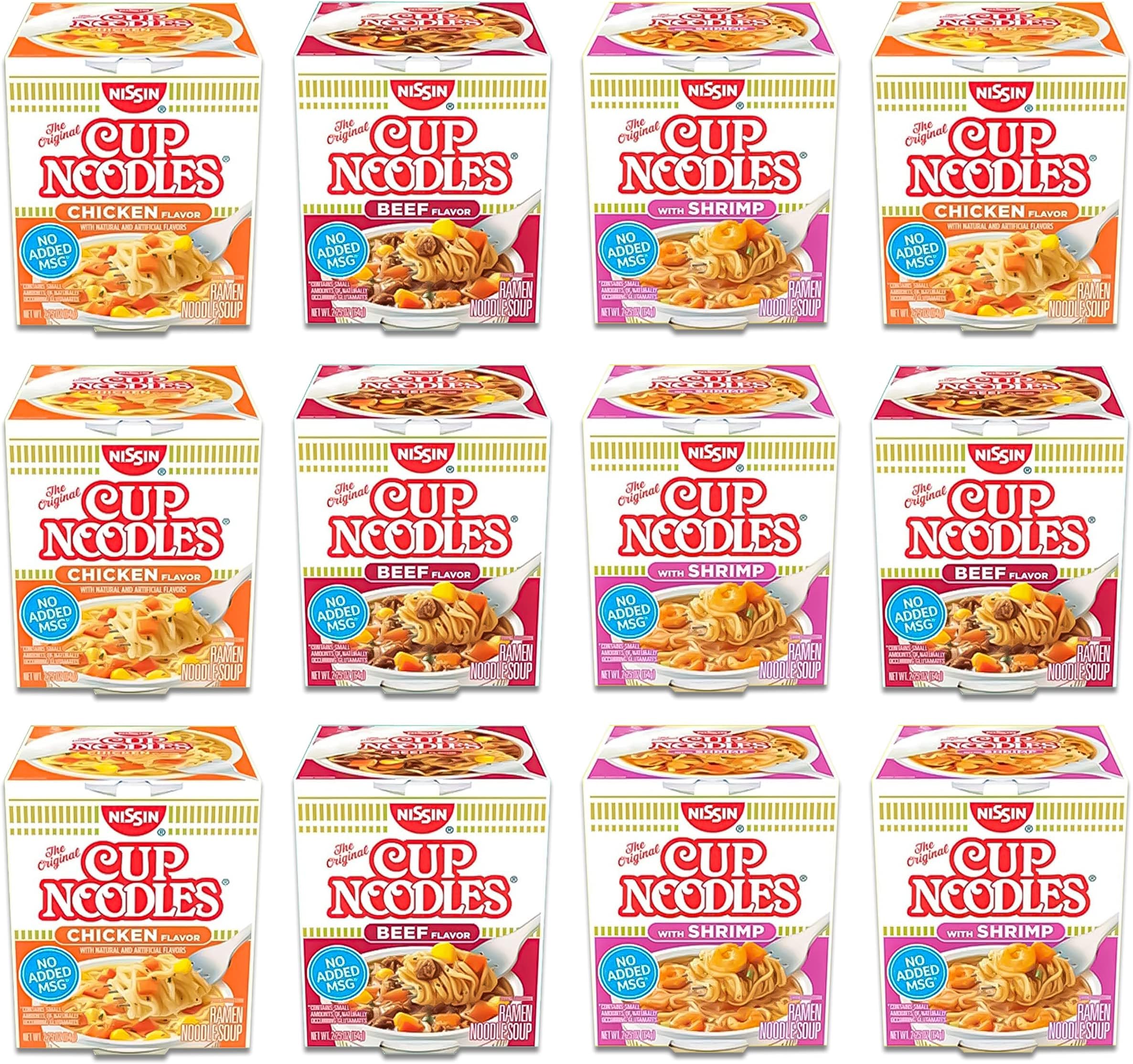 Cup O Noodles Variety 12 Pack, 2.25-Ounce, Beef, Chicken and Shrimp