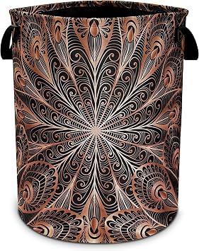 Mandala Laundry Basket Black Gold Peacock Feathers Foldable Oxford Cloth