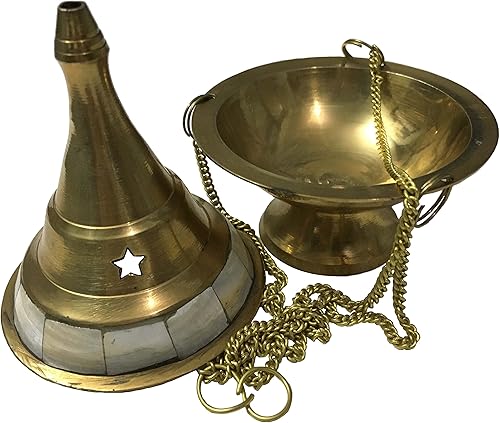 Miniatura 2 de Vrinda Incienso colgante de latónquemador de incienso de carbón tachonado con piedra de perla, herramienta tradicional de aromaterapia para el hogar