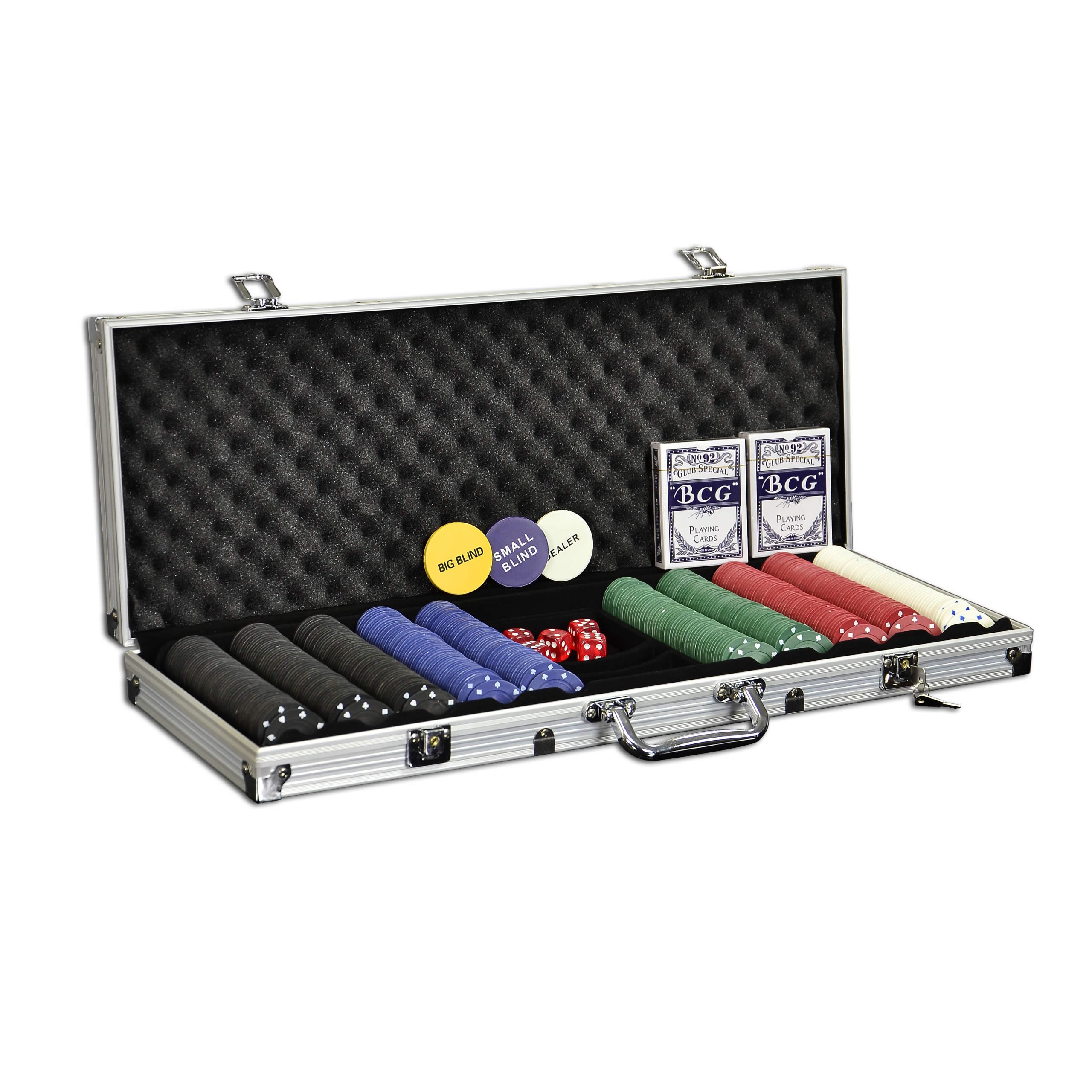 Nexos Trading Pokerkoffer Starter-Poker-Set mit 500 Poker-Chips im Alu Koffer mit 2 Schlüssel Silber inkl. 2 Kartendecks 1 Dealer Button 5 Würfel