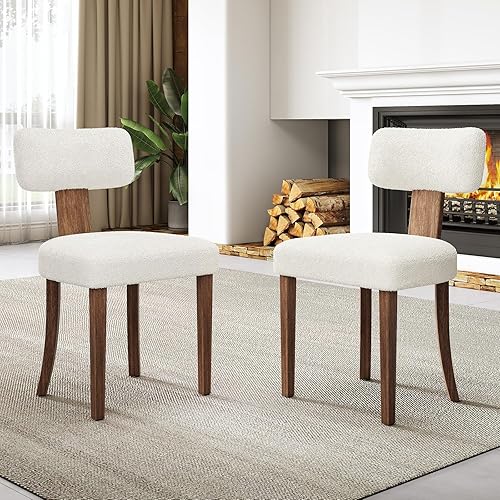 AMERLIFE Dining Chairs Set of 4, Modern Boucle Kitchen Chairs with Upholstered Curved Backrest & Seat, Hardwood Frame, White