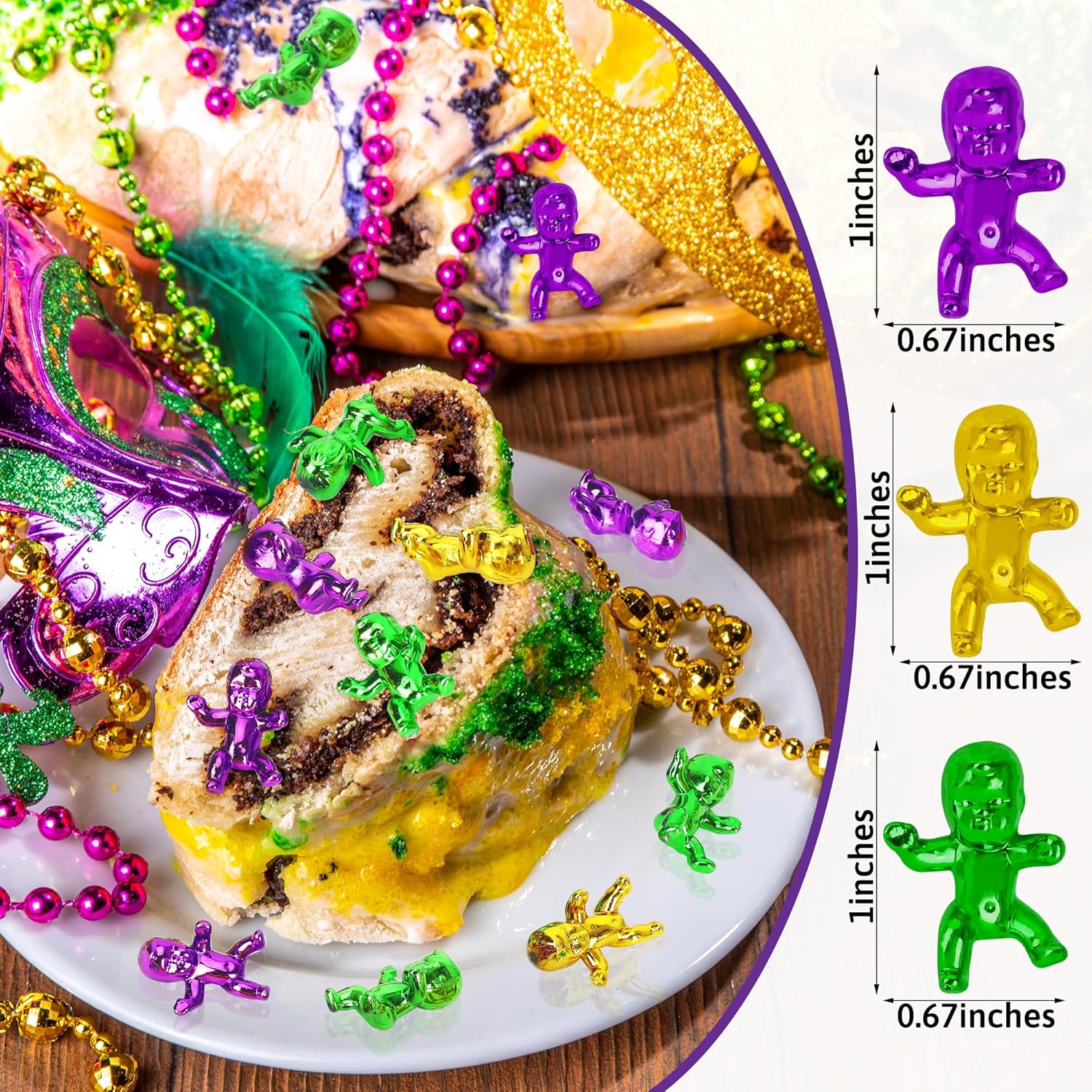 48 PCS King Cake Babies, 1 Inch Mardi Gras King Cake Baby Bulk, Purple Green Gold Plastic Babies for Mardi Gras Baby Shower Favors Ice Cube Game, Small Plastic Party Favors