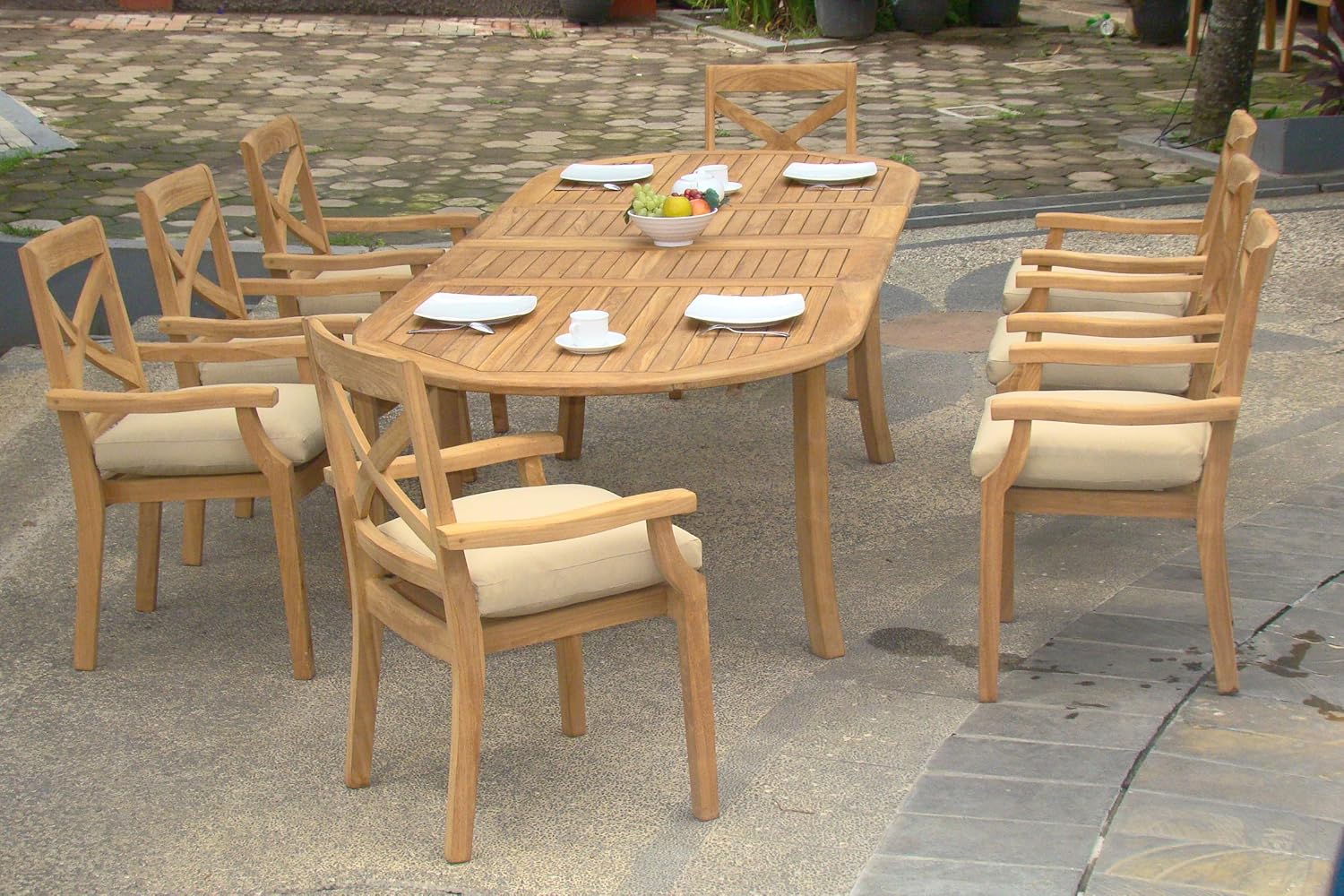 New 9 Pc Luxurious Grade-A Teak Dining Set - 94" Oval Table and 8 Granada Stacking Arm Chairs #WHDSGR4
