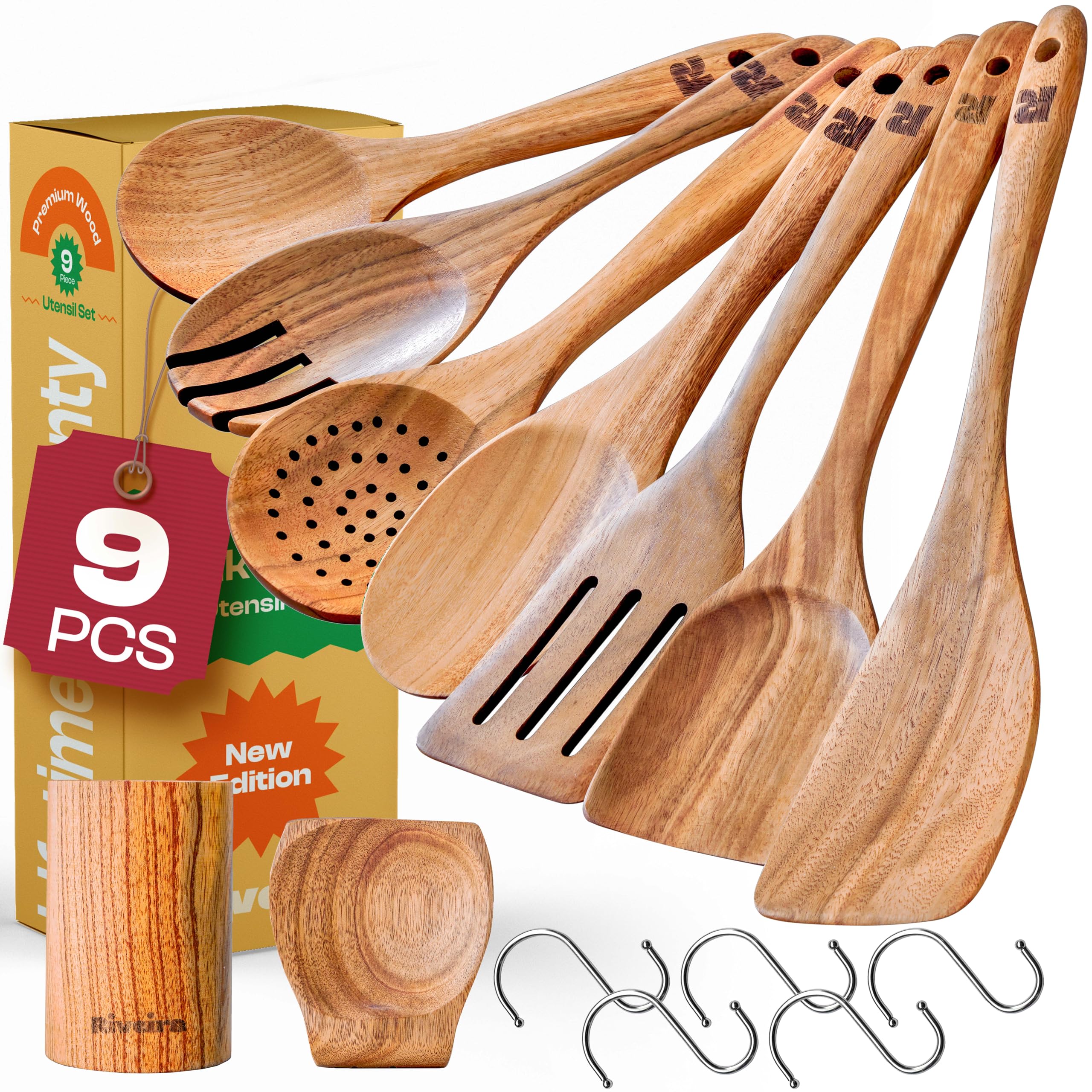 Riveira 9pc Wooden Spoons For Cooking – 9 Piece Teak Wooden Cooking Utensils For Cooking – Wooden Utensil Set with Holder & Spoon Rest – Premium & Durable Non Toxic Cooking Utensils
