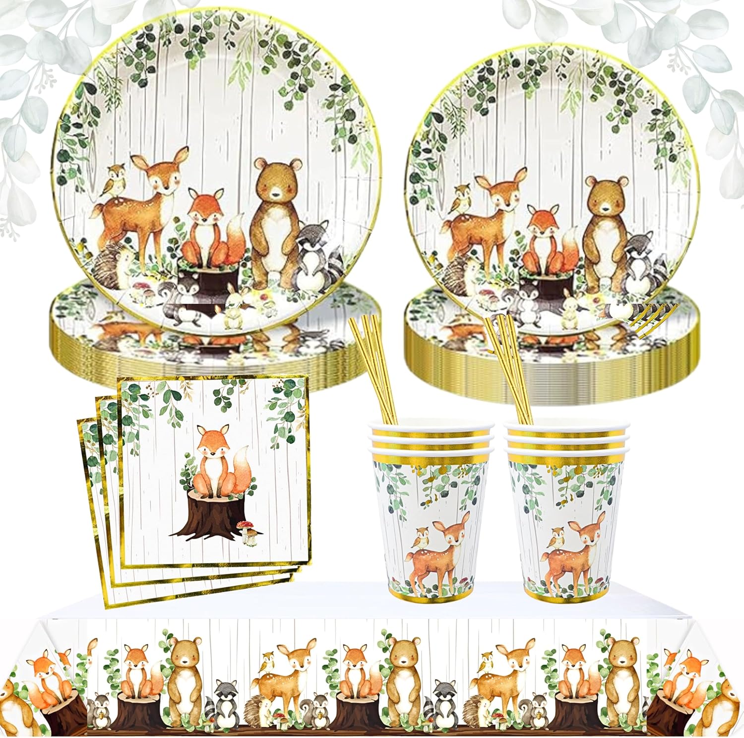 121Pc Woodland Baby Shower Decorations For Boy Or Girl, Birthday Party Supplies, Heavy Duty Sage Green Tablecloth, Paper Plates, Napkins, Straws And Cups, Forest Animal Friends Tableware Set Serves 24