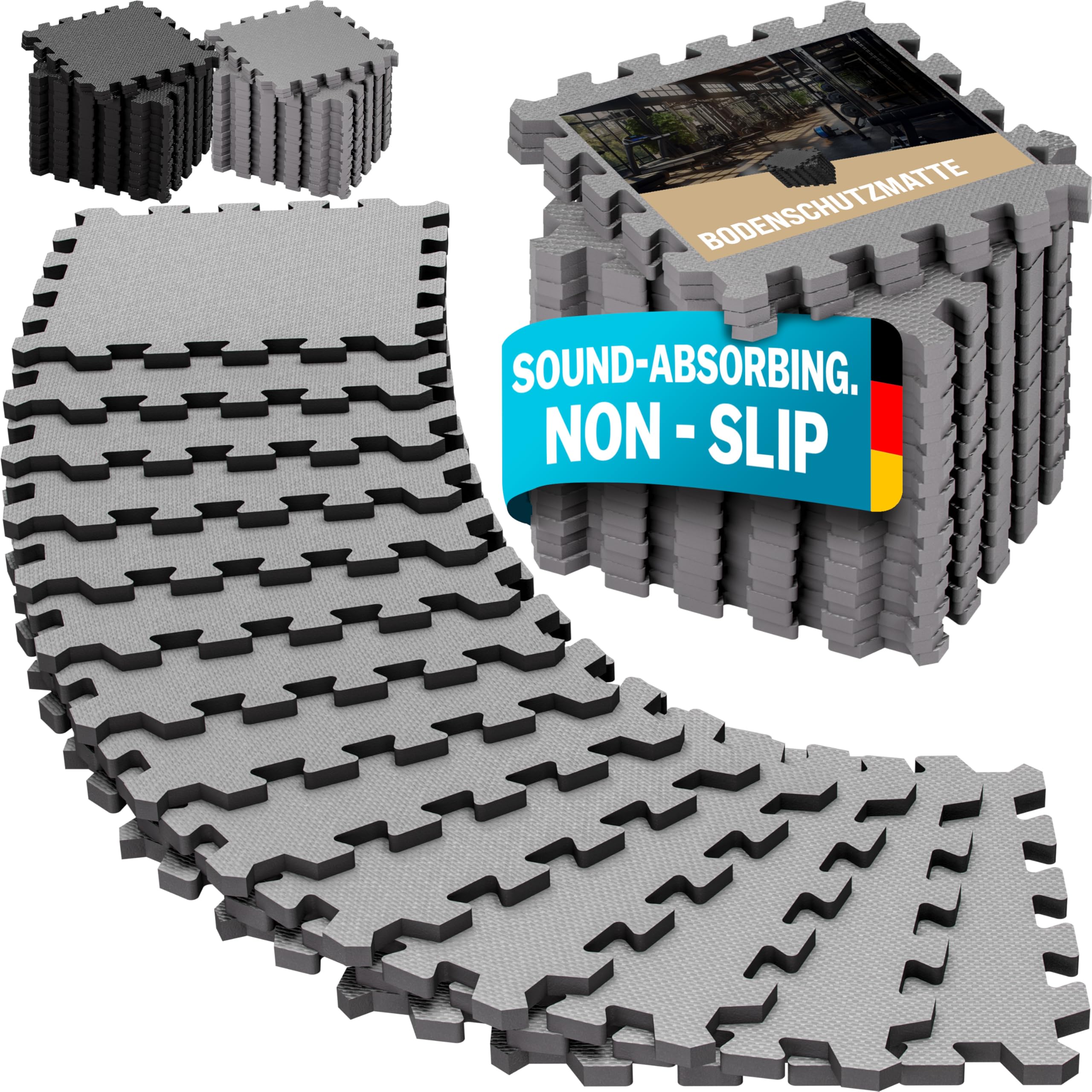 MONZANA® 18x Fitness Floor Protection Mats with Edge Pieces | 30x30cm Non-Slip EVA Foam Puzzle Mat | Training Mats Fitness Equipment 1.5m² | 18pc Grey