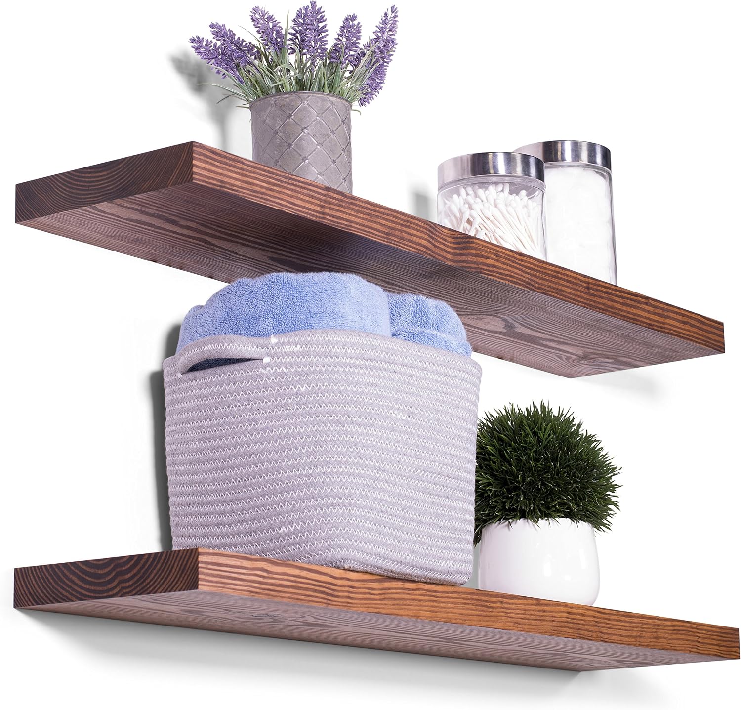 DAKODA LOVE 36" x 8" Clean Edge Solid Wood Floating Shelves | Premium Handmade Quality | Easy Hidden Bracket Wall Mount | Modern Rustic Pine | Set of 2 (Bourbon)