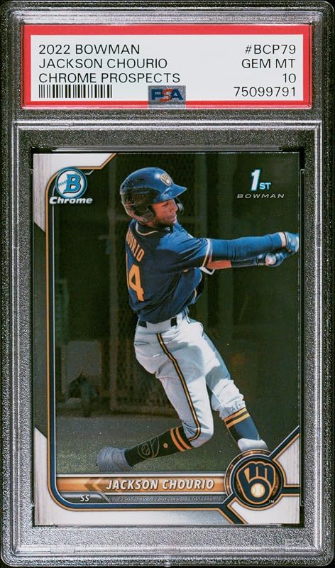Jackson Chourio 2022 Bowman Chrome Prospects 1st Bowman Milwaukee Brewers Baseball RC Rookie Card #BCP79 Graded PSA 10 Cert #75099791