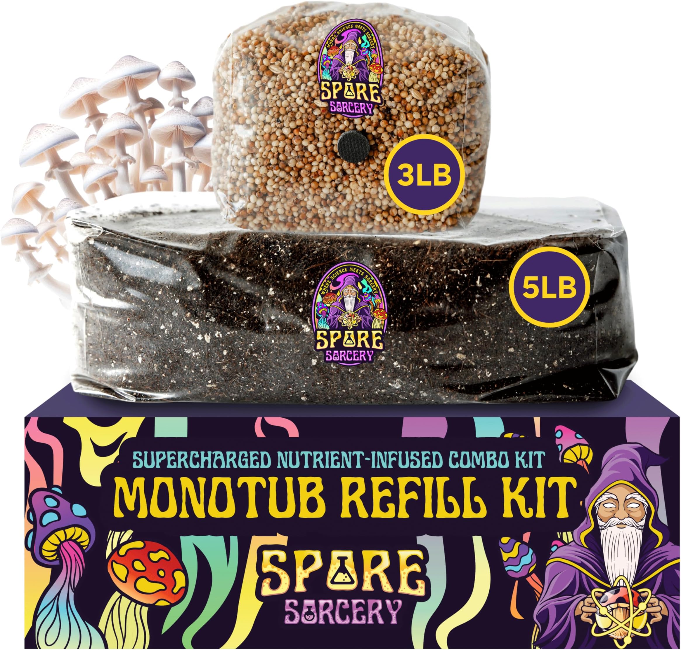 SPORE SORCERY 8 LB Monotub Refill Kit | Includes: 3 LB Sterilized Milo Sorghum Grain Spawn & 5 LB Premium CVG Bulk Substrate | Nutrient-Enhanced, Just Add Your Own Spores & Grow Like Magic