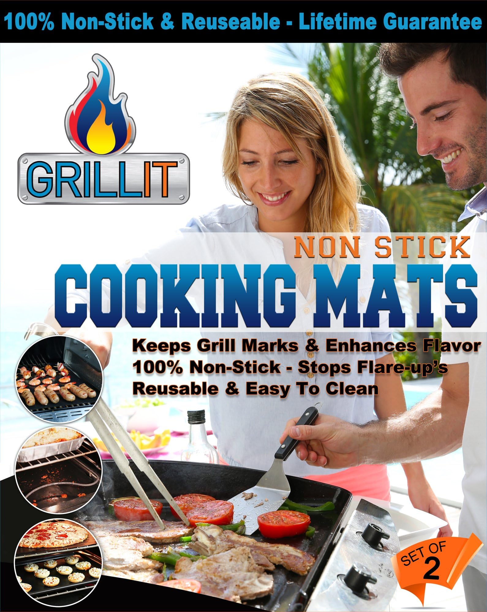 The Original BBQ Grill & Baking Mat - Set of 2 Durable Nonstick Sheets - For Grilling, Barbecue, Cooking - Dishwasher Safe - 15.75" x 13"