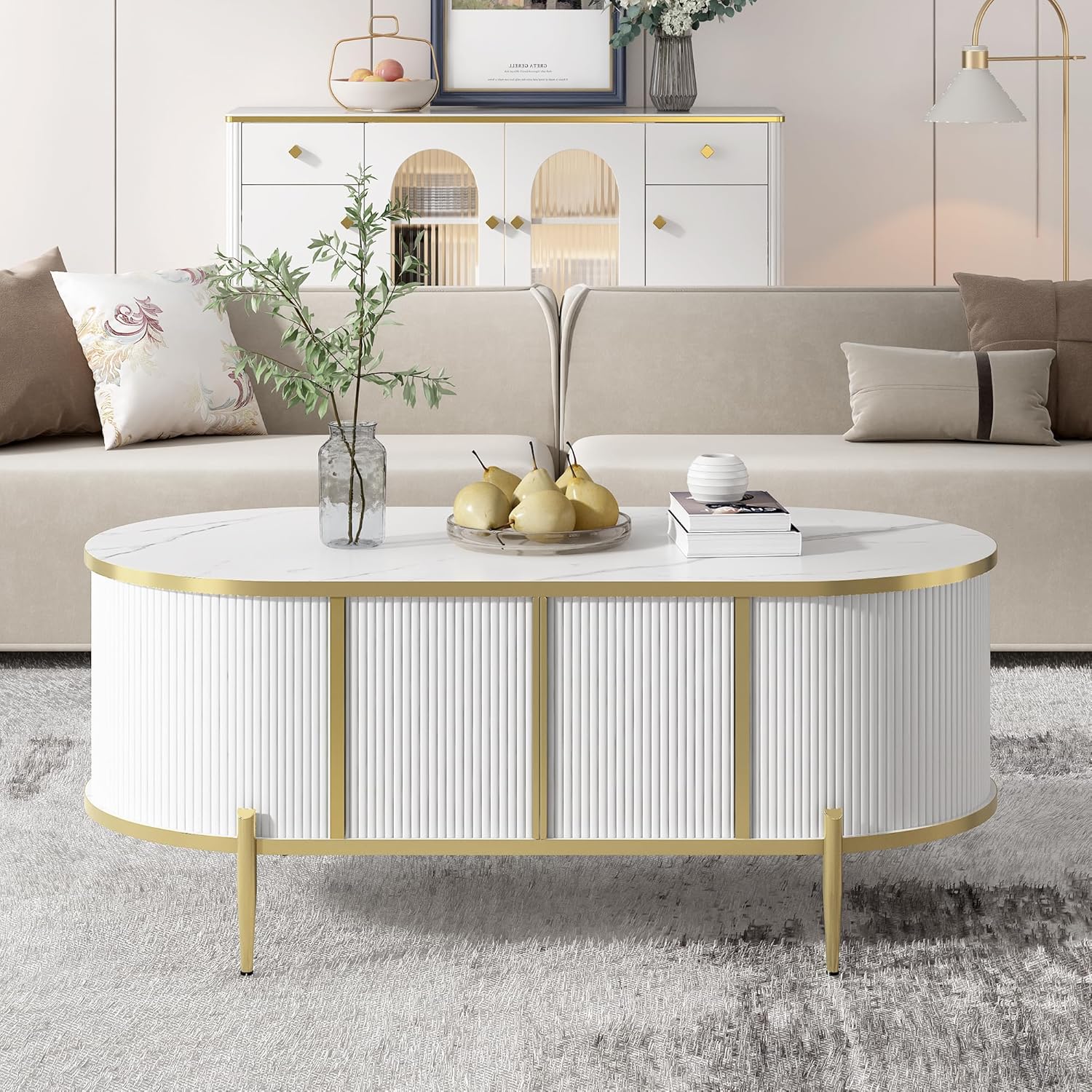 White Pedestal Oval Coffee Table Marble-Patterned Top, Modern Drum Flutted Center Table with 2 Cabinets, Metal Legs and Handles for Living Room Apartment, Easy Assembly White 47.25x23.8x19.2