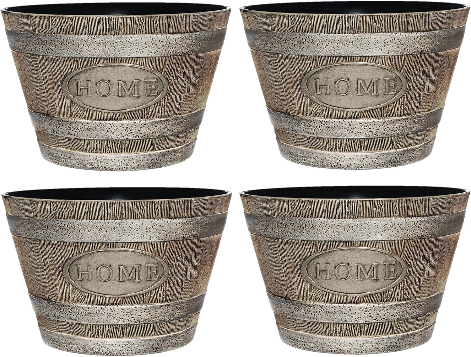 Classic Home and Garden Whiskey Plastic Resin Home Flower Pot Barrel Planter, Oak Brown, 15 (4 Pack)