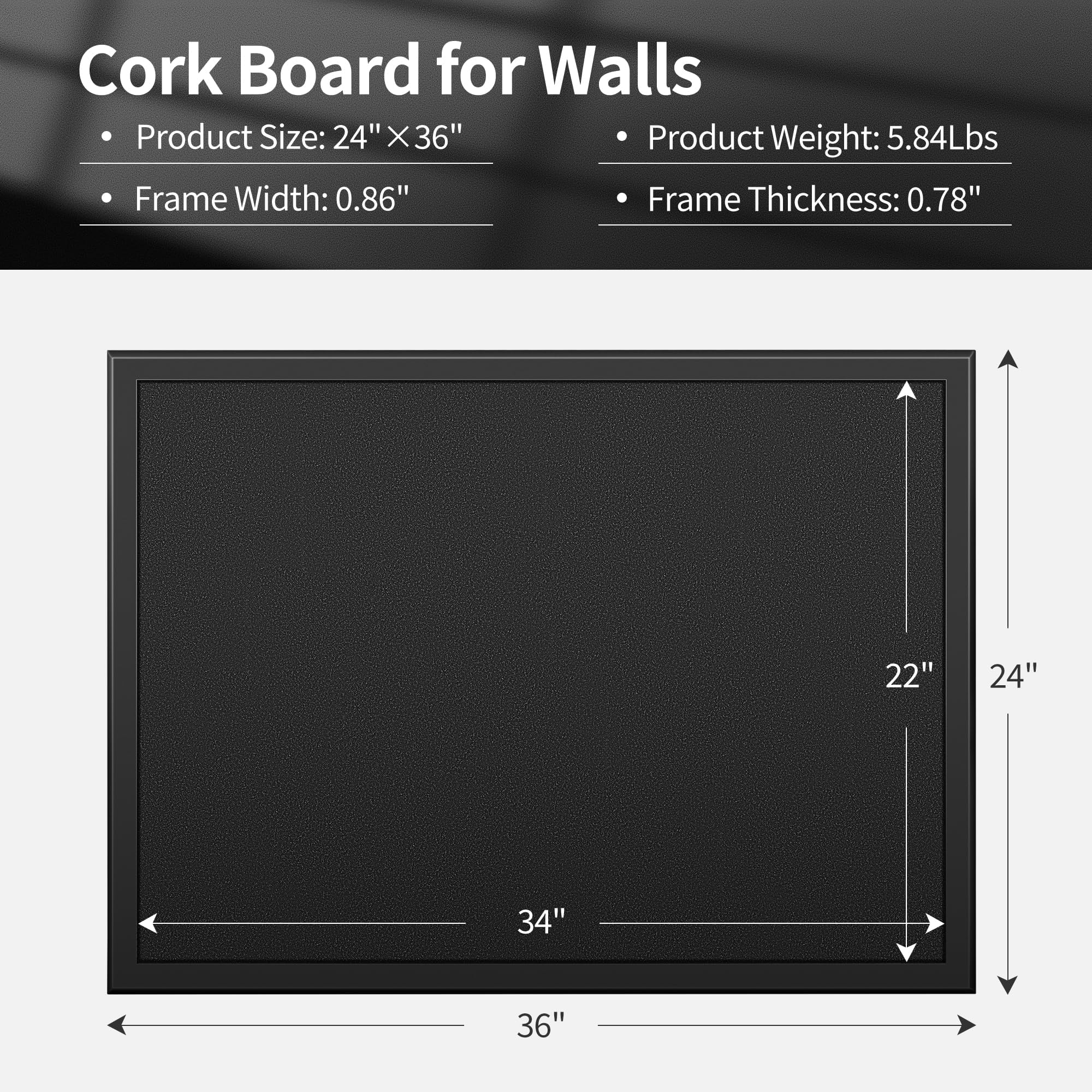 ORIENTOOLS Gerahmte Korktafel für Wände, Pinnwand mit 10 farbigen Stecknadeln, hängende Pinnwand, schwarze dekorative Sichttafel, große Korktafel für Büro, Zuhause, Schule, Kabine, 91,4 x 61 cm