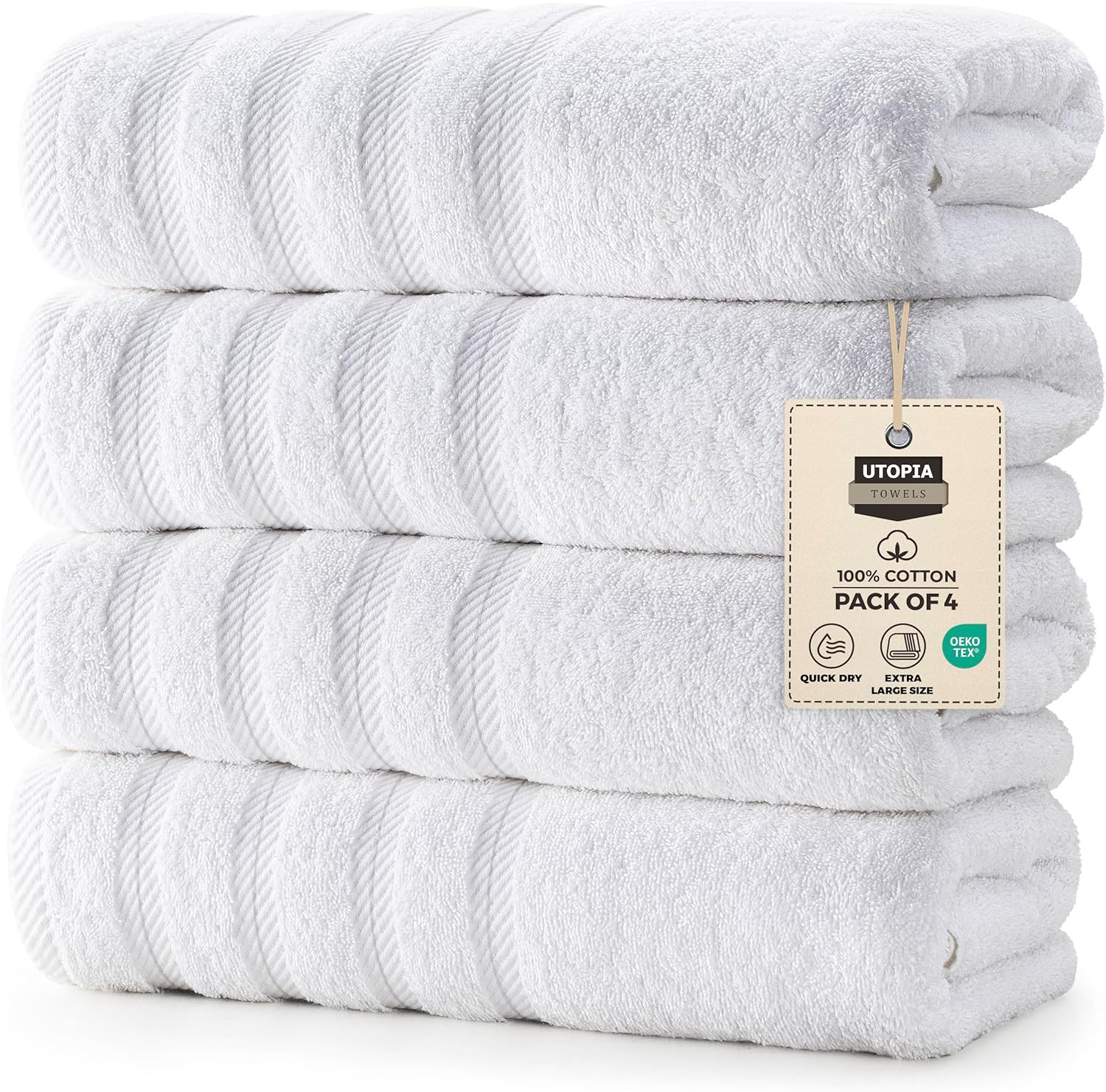 Utopia Towels 4 Pack Premium Extra Large Bath Towels Set, (30 x 60 Inches) 100% Ring Spun Cotton 500GSM, Lightweight and Highly Absorbent Quick Drying Towels, Perfect for Daily Use (White) 4 Pack White