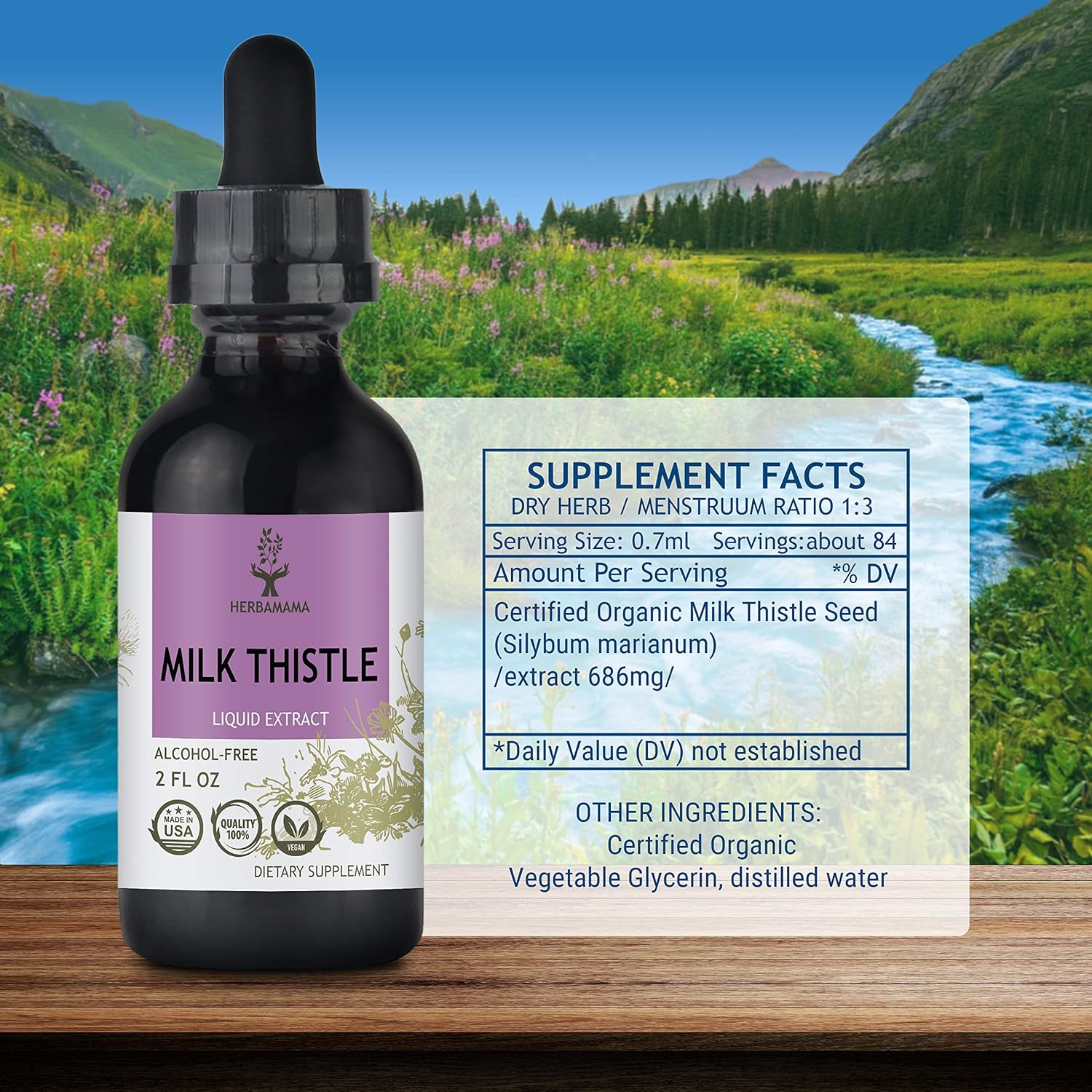 HERBAMAMA Milk Thistle Liquid Extract - Vegan - 2 oz Bottle - Organic Dietary Supplement to Support Bone Health, Immune System, Liver Wellness - Silybum Marianum Drops for Natural Cleansing - Non-GMO : Health & Household