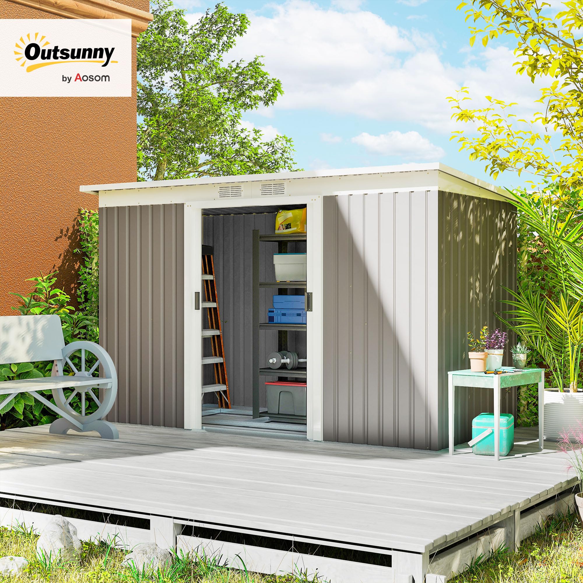 Outsunny Domek ogrodowy 3,6 m² z zestawem fundamentowym ze stali ocynkowanej z drzwiami przesuwnymi, wymiary 280 l x 130 l x 172H cm, jasnoszary