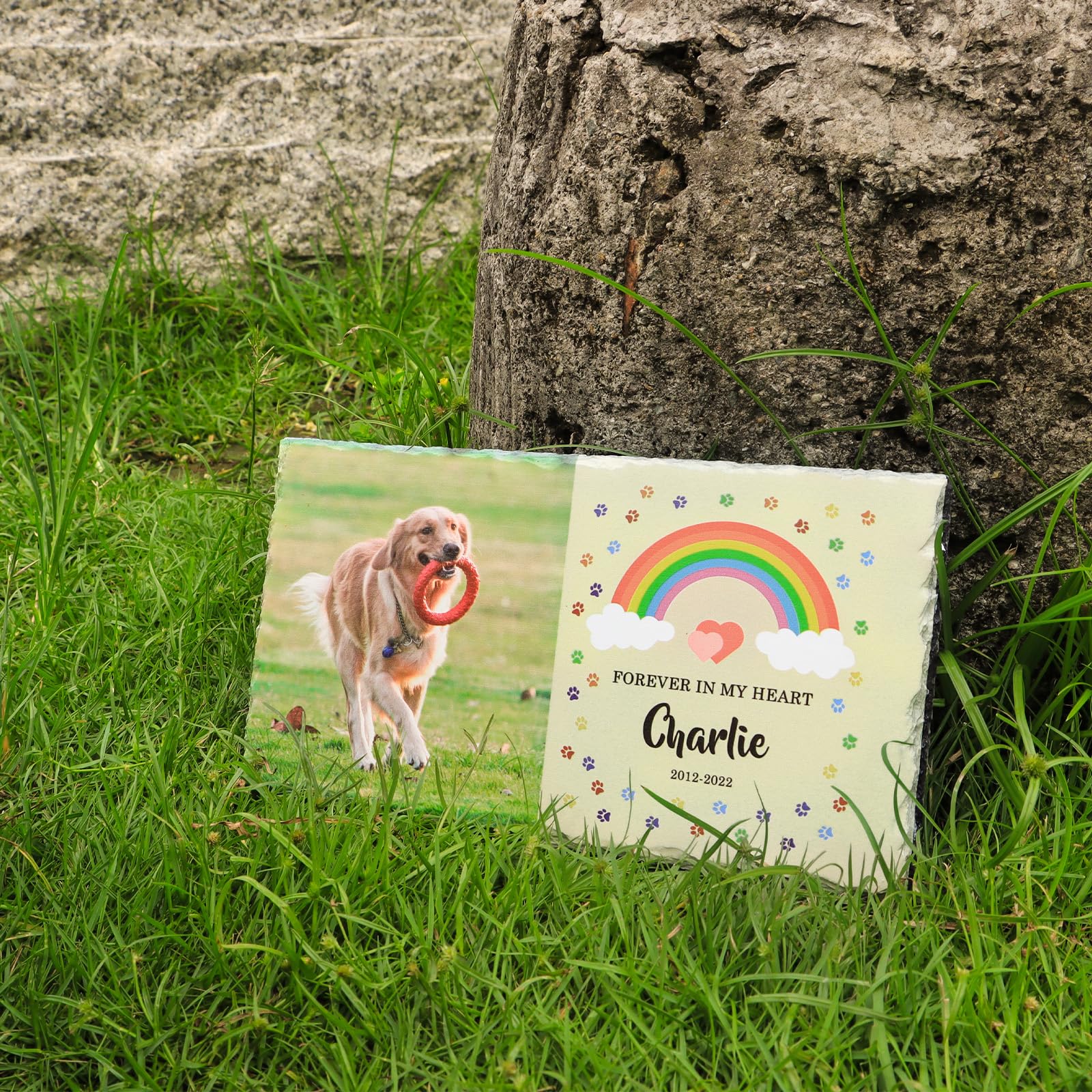 iDIY Personalised Dog Memorial Plaque - Customized Rock Slate Stone Picture Frame Plaque with Photo, Pet Memorial Sign with Stand Natural Slate Grave Plaque Pets Bereavement Gifts Loss Of Pet Gift