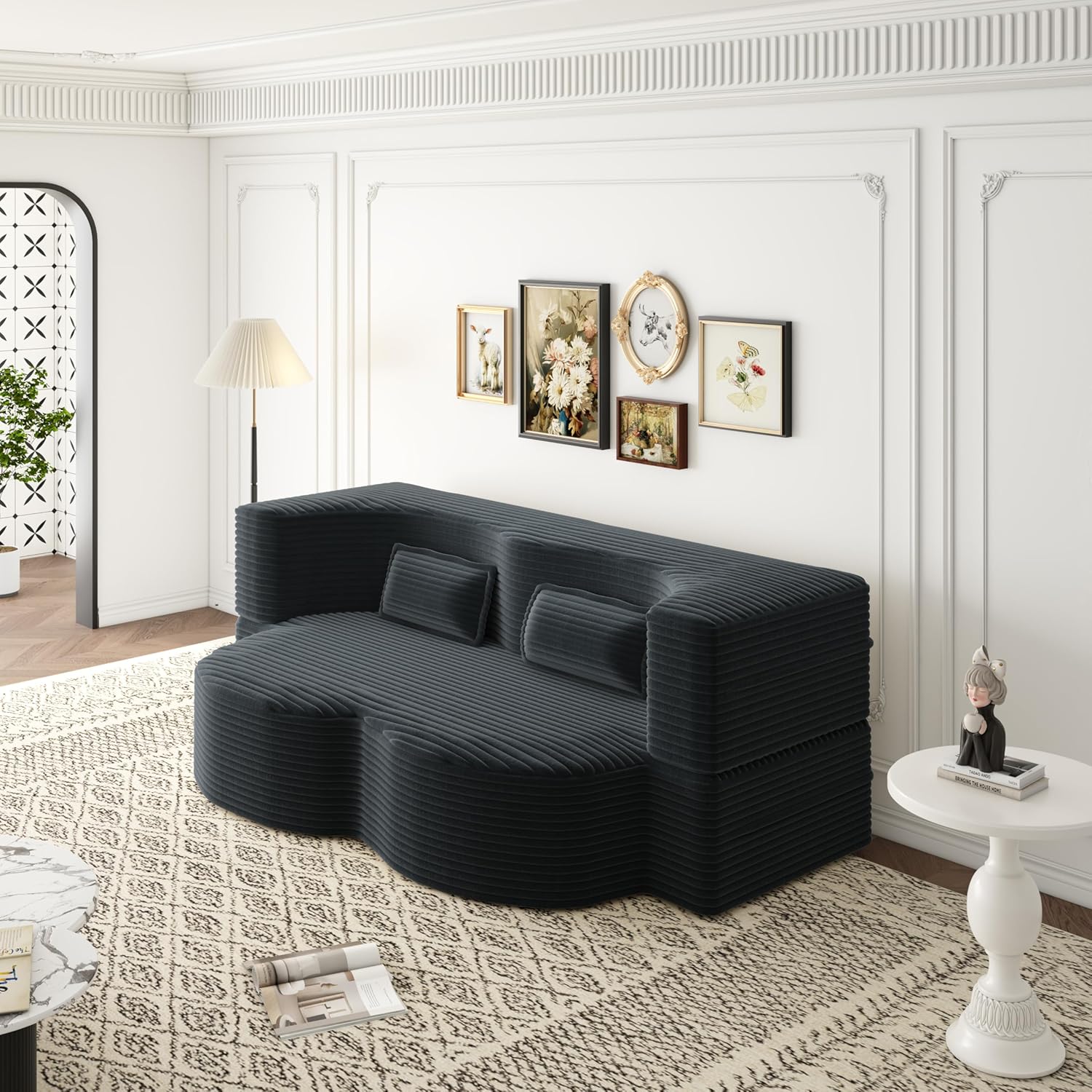 78" Full Size Floor Sofa, Folding Queen Sleeper Couch, Futon Loveseat Sofa, Plush Corduroy Foam-Filled Sleeper Couch Bed, Fold Mattress Bed for Living Room, Guest Use, Office, Apartment, Dark Grey