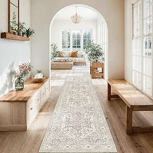 Madane Runner Rugs for Hallway 2x10 Long Washable Non-Slip Hallway Runner Rug Low-Pile Stair Kitchen Runner Soft Throw Carpet for Entrance Living Dining Laundry Room (Beige/Brown, 2 x 10)
