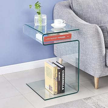 Glass Nightstand End Table, Clear S-Shaped Bedside Side Tables for Living Room, Sofa Bent Glass Table 16.55" D x 14.56" W x 24" H