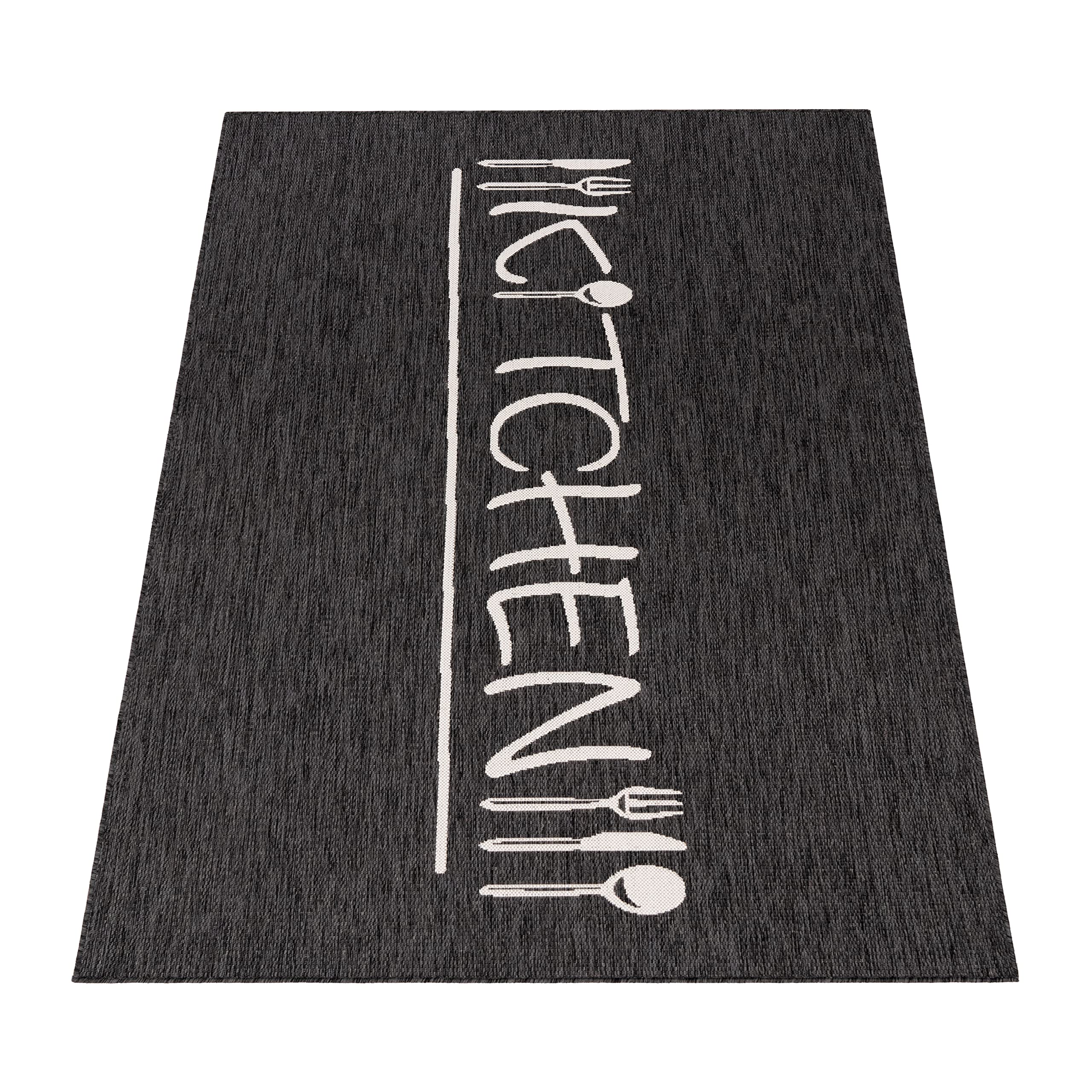 Paco Home Outdoor Teppich Wetterfest Wohnzimmer Balkon Küchenteppich Modernes Muster Mit Schriftzug, Grösse:240x340 cm, Farbe:Anthrazit 2