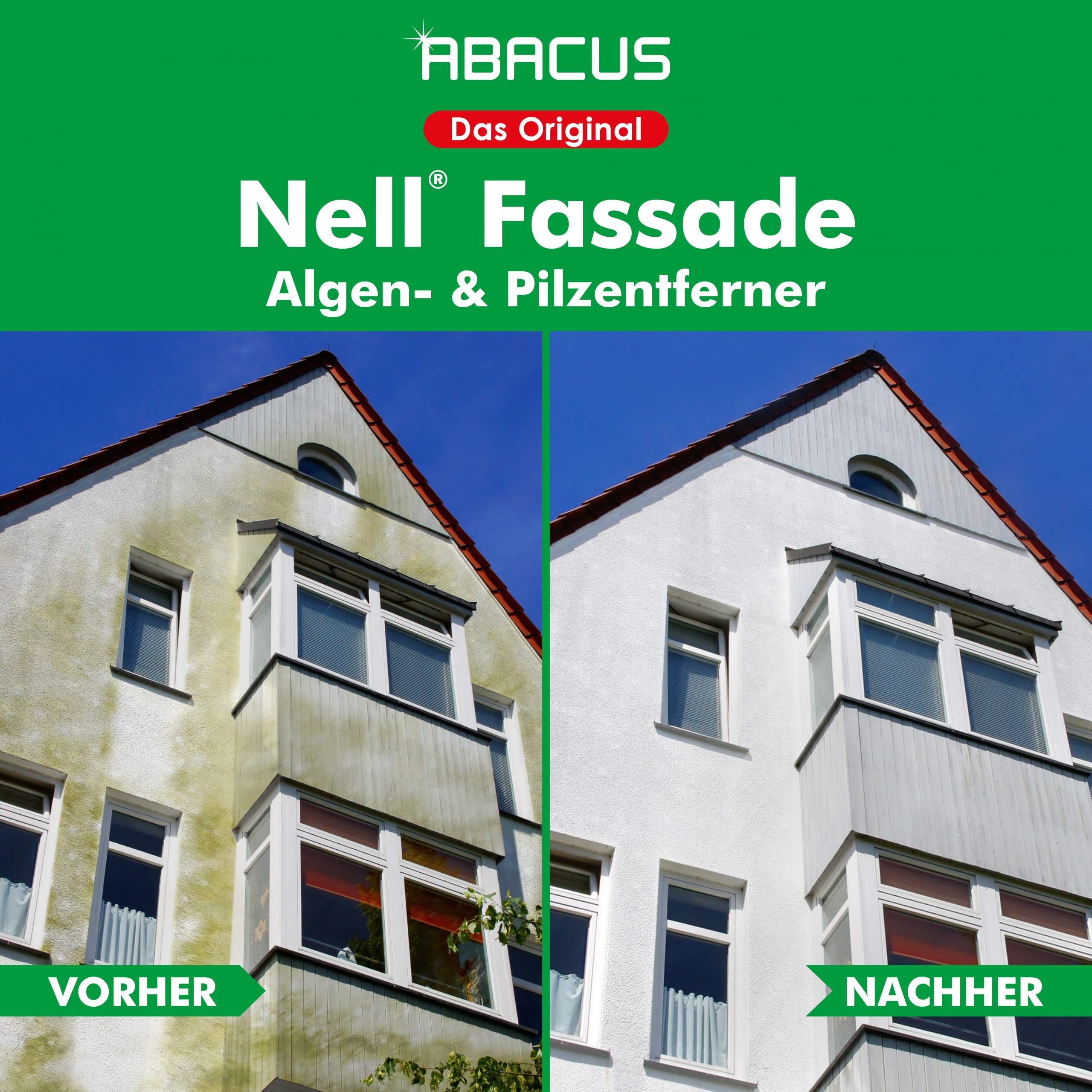 ABACUS® Fassadenreiniger, Grünbelagentferner für Fassaden, Putz & Hauswände – Entfernt selbsttätig Pilze, Flechten & Algen von Fassaden – Nur 0,1L pro m², Nell Fassade 5 Liter (1240.5)