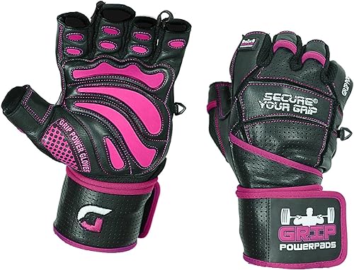 Miniatura 3 de Grip Power Pads Leather Gym Gloves for Women  Built-in 2" Wrist Wraps, Pink Weightlifting, Powerlifting, Bodybuilding Workout