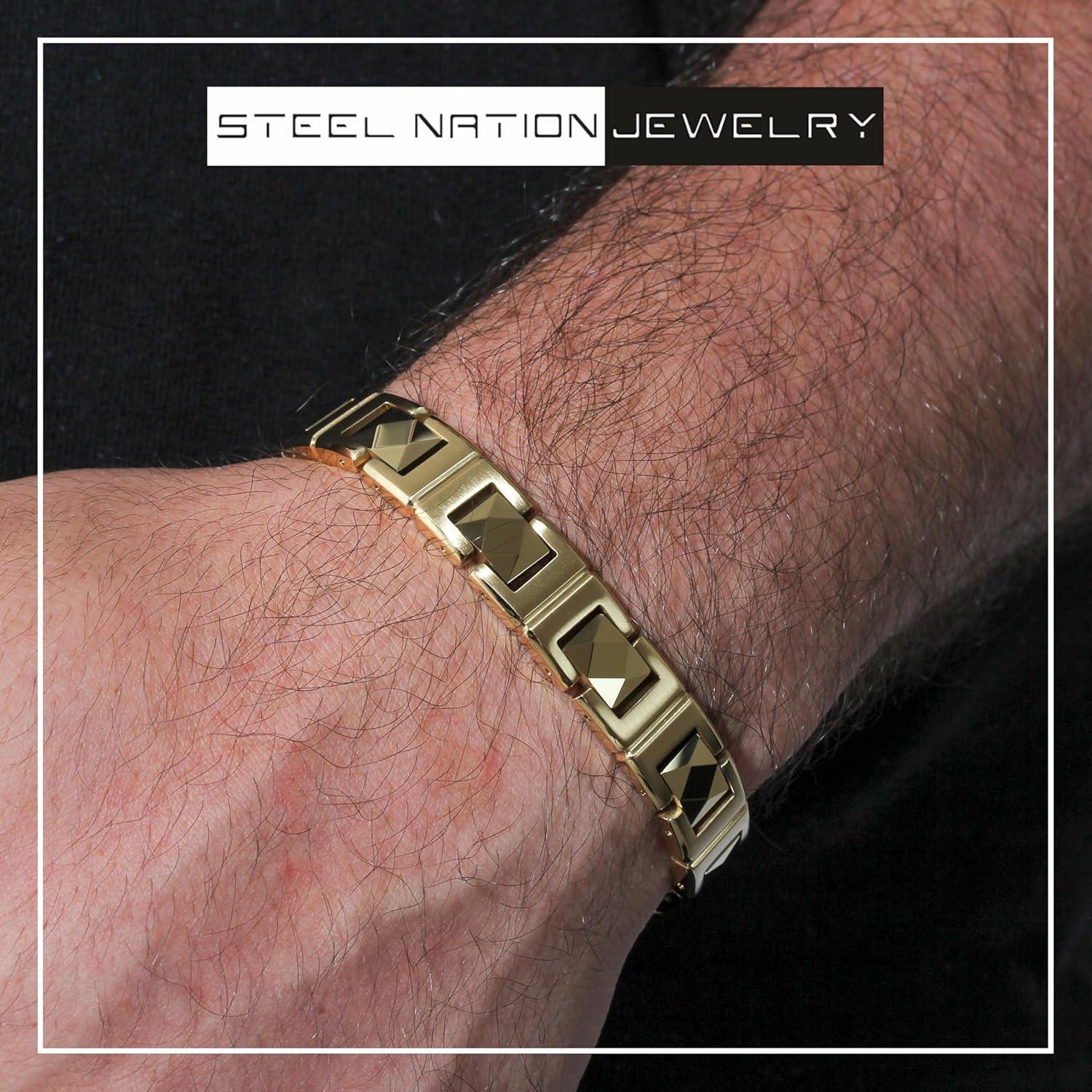 Men's Gold Tone Faceted Link Bracelet - Stainless Steel and Tungsten, Polished Finish, 8-3/4" - Image 2