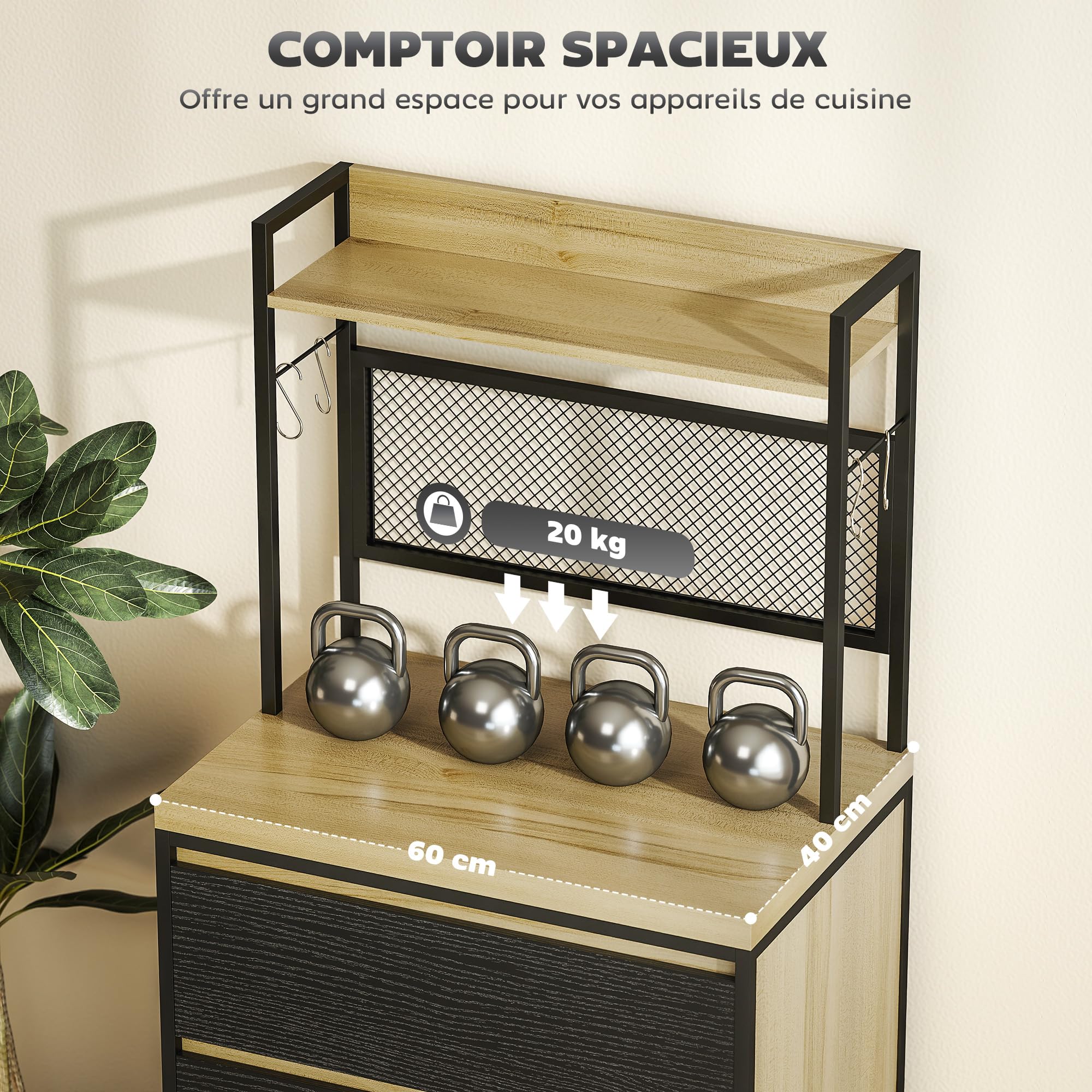 HOMCOM Armoire de Cuisine Buffet Industriel 60x40x132cm Bois Naturel | Meuble de Rangement, 3 Tiroirs, Plan de Travail, Étagère, 4 Crochets, Meuble Micro Onde, Salle à Manger, Salon