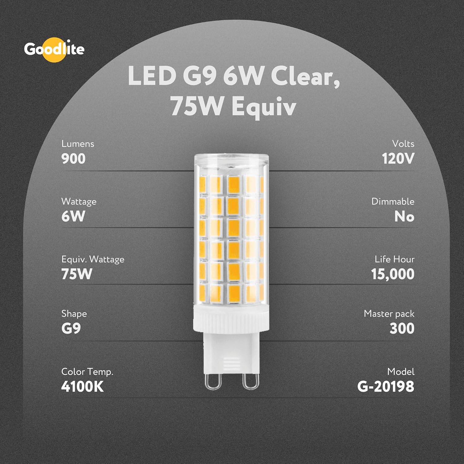 Goodlite 6W High-Efficiency LED G9 Bulb, Equal to 75W, Non-Dimmable, Cool White 4100K, 900 Lumens, Indoor Energy-Saving Decorative Light, Ideal for Chandeliers, Desk Lamps, and More, 1ct. (G-20198)