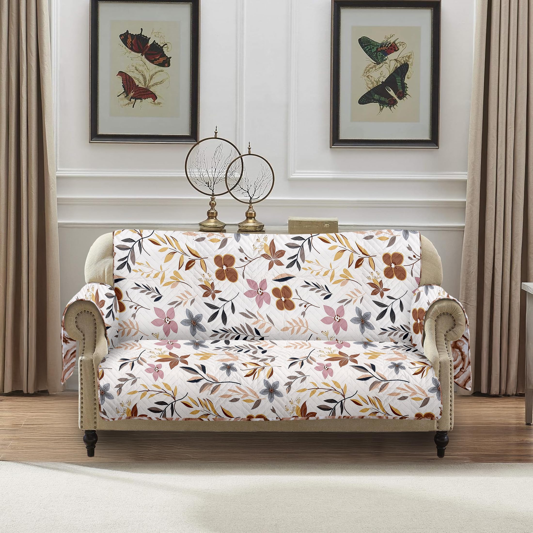 Amazon Basics – Printed Quilted Reversible Sofa Topper | 2 Seater | 120cm x 175cm | 325 GSM | Color - Cream-image-2