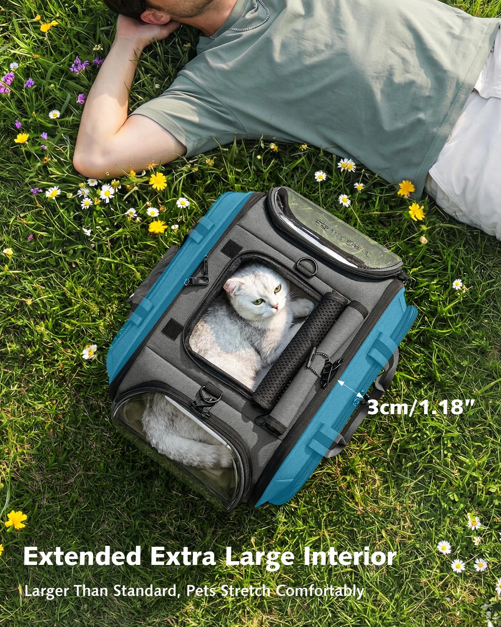 pecute Transportín Gato Grande, Coche Cero Ansiedad | Bolsa de Transporte Estructura de Acero Antideformación de 5mm, Persiana Enrollable de Privacidad, Ventana de Burbuja, Talla M, Gris