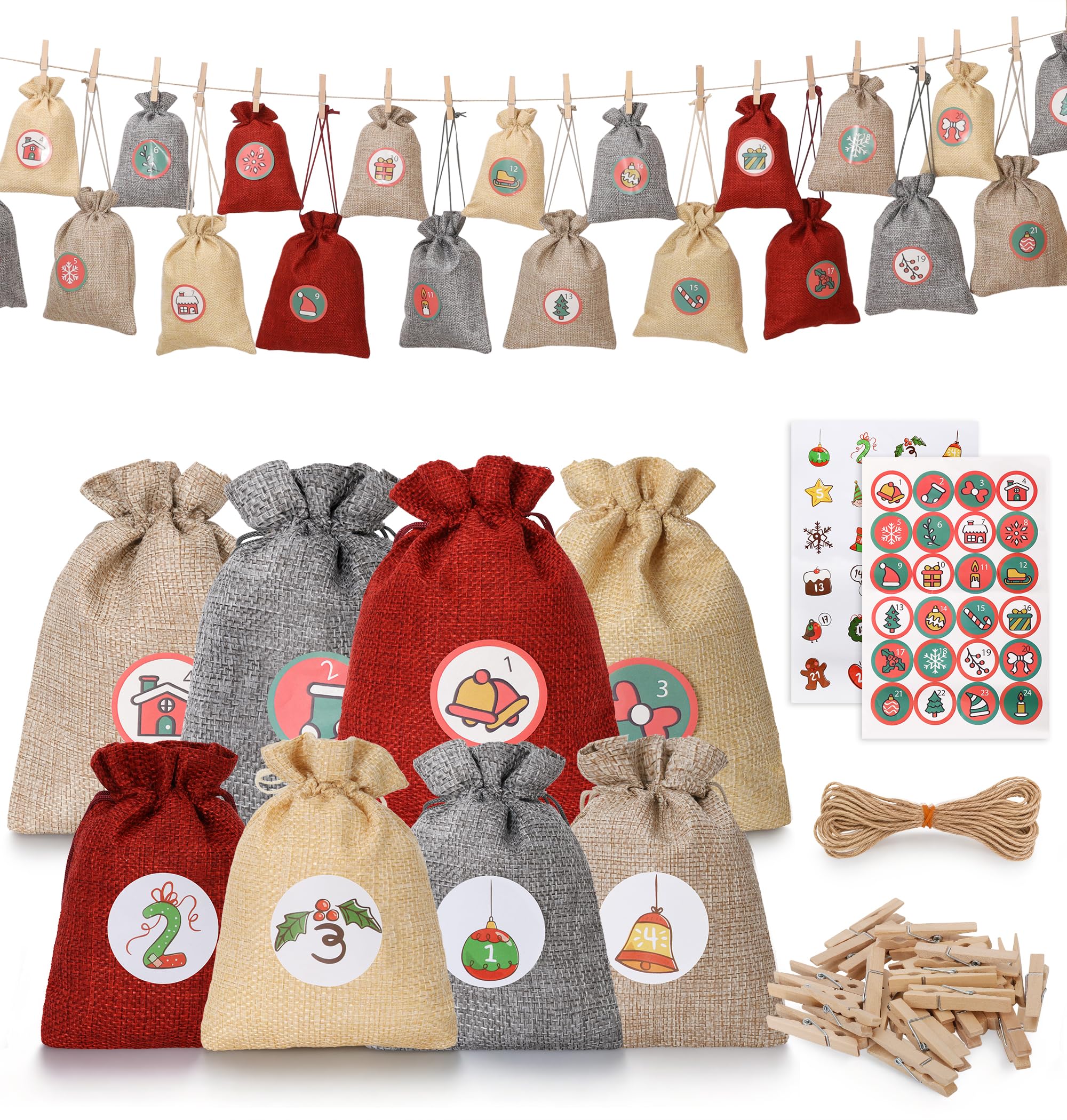 2026 DIY Advent Calendar Kit, 24 Reusable Drawstring Gift Bags, 2 Sizes