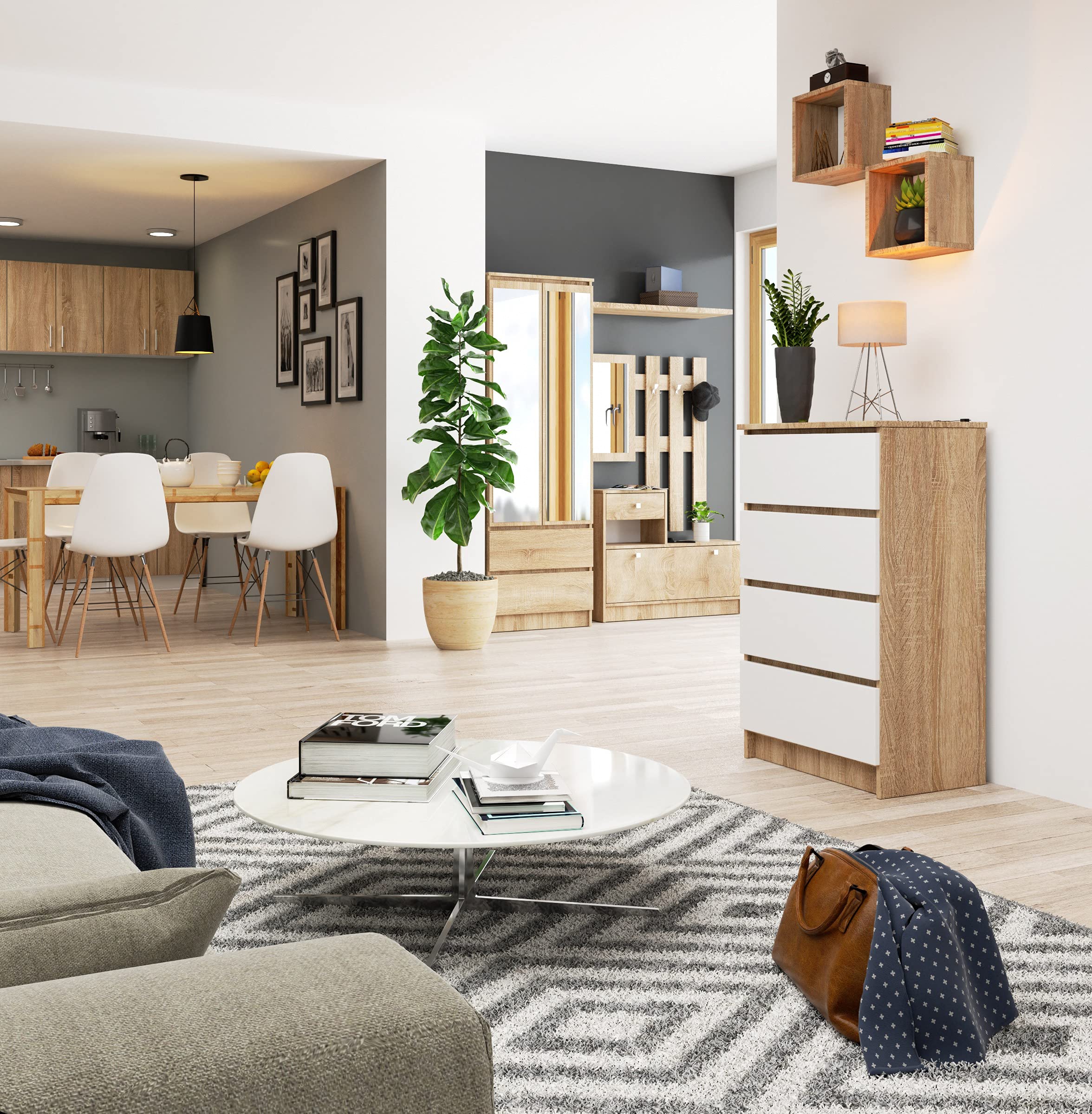 AKORD Kommode K60 60 cm | 4 Schubladen | Schrank | für das Wohnzimmer | für das Schlafzimmer | B60 x H99 x T40 cm | Gewicht 29,80 kg | Sonoma Eiche/Weiß