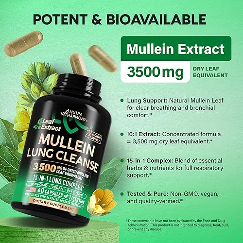 Miniatura 4 de Extracto de hoja de gordolobo para desintoxicación pulmonar - raíz de malvavisco  equinácea  orégano  quercetina  NAC - Suplemento 15 en 1 de apoyo