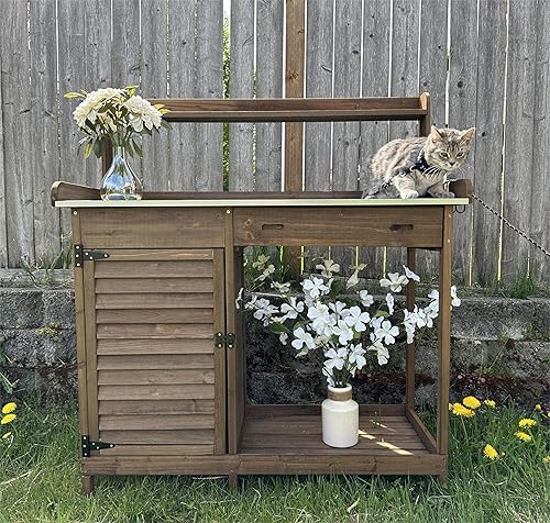 Miniatura 10 de PetsCosset Mesa de banco plegable para macetas de jardín, estación de trabajo de madera al aire libre con mesa de metal, estante de almacenamiento