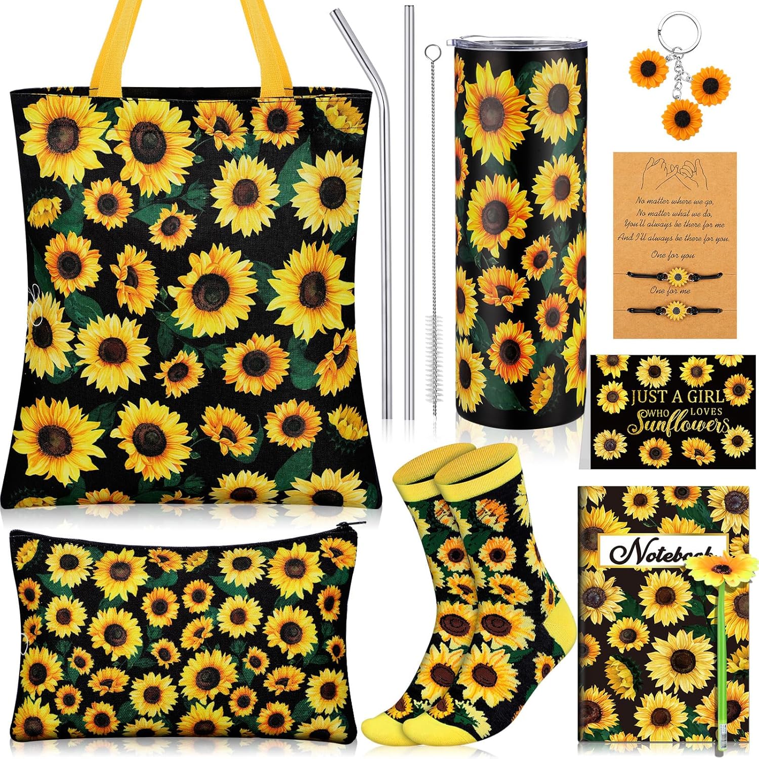 9 Pcs Christmas Sunflower Gifts Set Women Xmas Gift 20 oz Sunflowers Tumbler Makeup Bag Keychain Notebook Pen Bracelet Invitation Card Sock for Advent Calendars Mother Friend Sister Birthday Easter