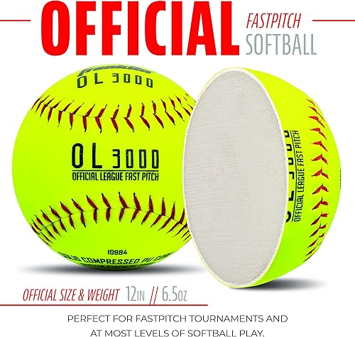 Miniatura 3 de Franklin Sports Pelotas de sóftbol oficiales del juego, OL3000 Fastpitch de 12 pulgadas, bolas de torneo de tamaño oficial + peso para práctica +
