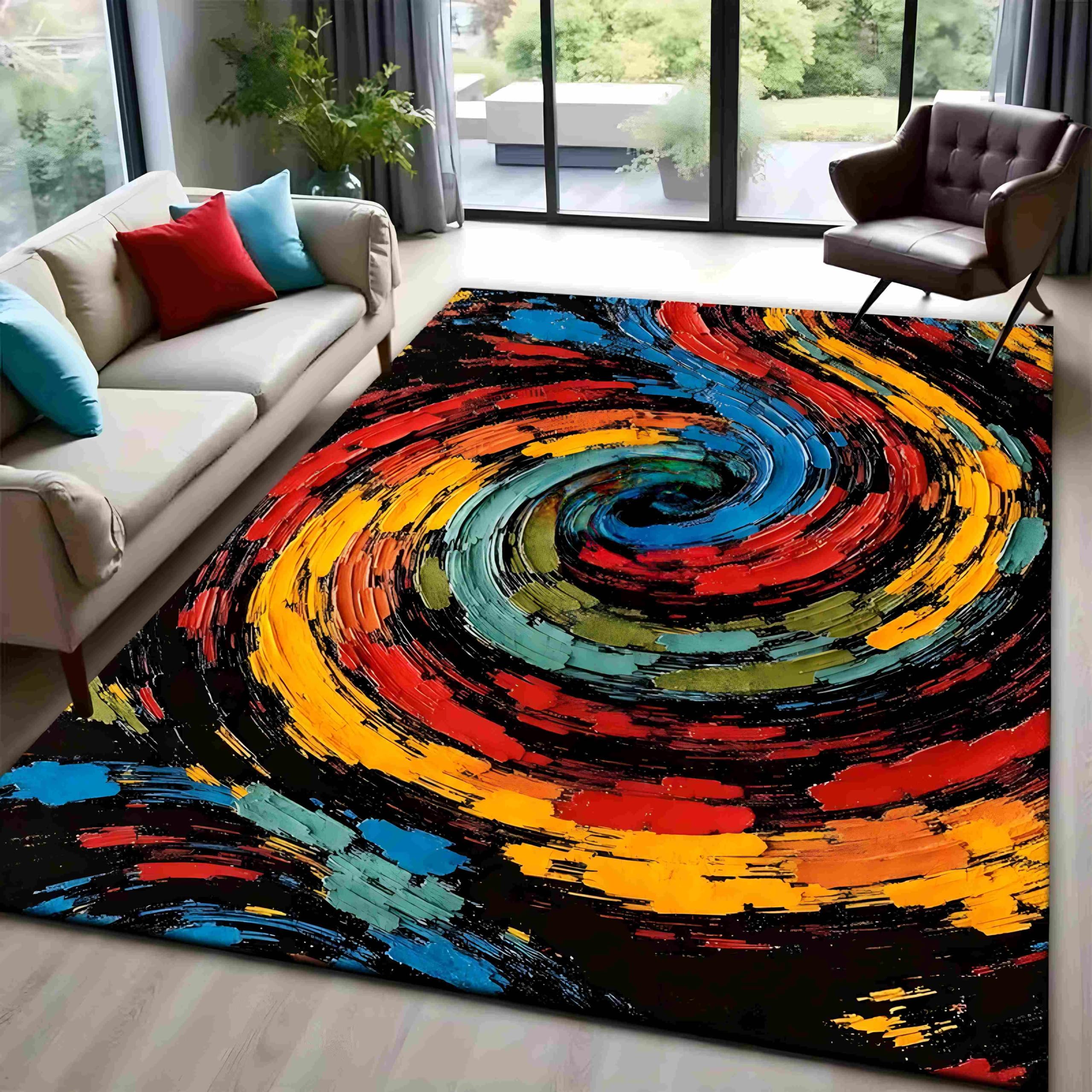 SOJAWA Living Room Swirl Pattern Rug, 200x260cm, Red Yellow Blue and Green Abstract Area Rug, Hand-Painted Oil Painting Style Rugs, Washable, Non-Slip, Soft Large Carpet, Modern Home Decor