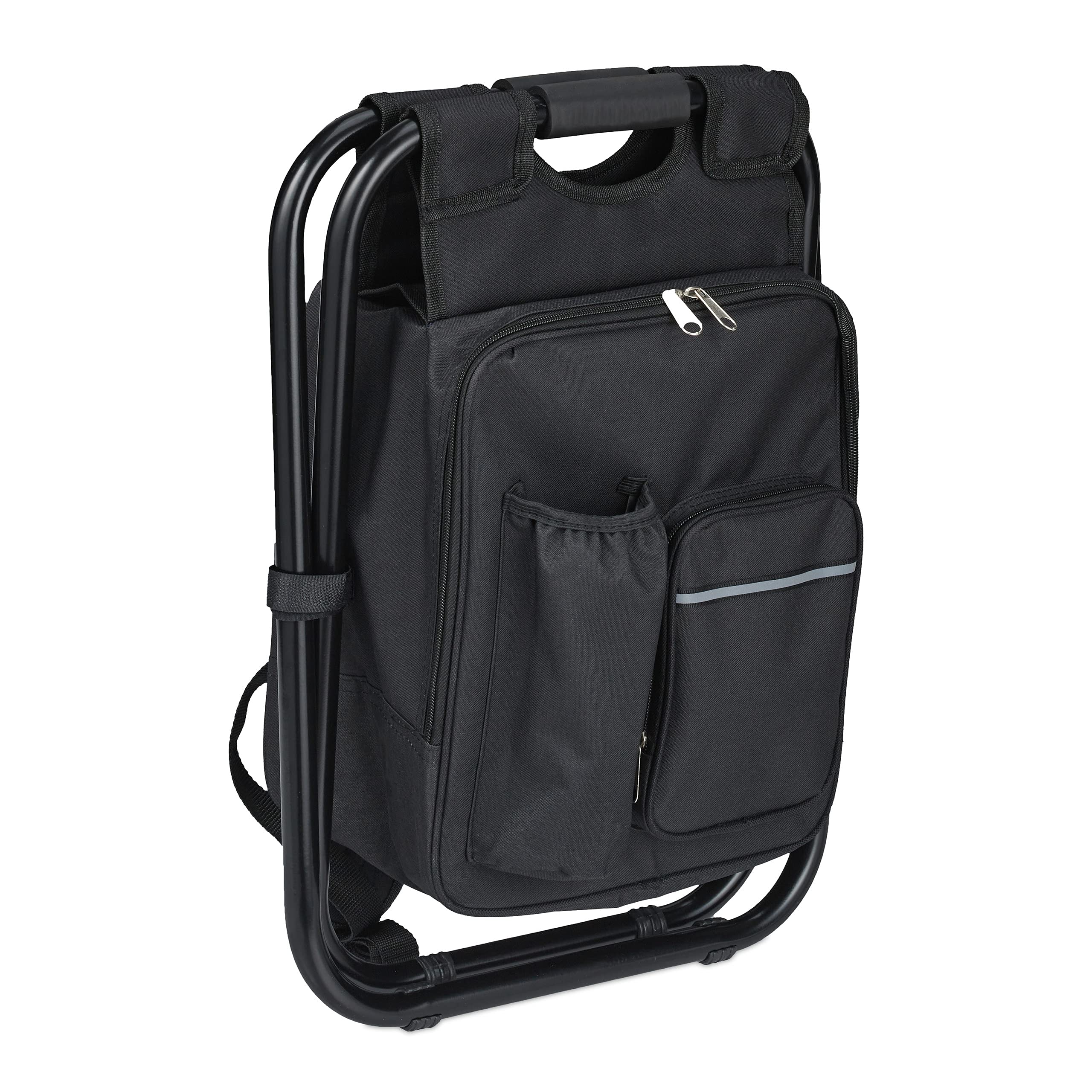 Relaxdays Sgabello Pieghevole Portatile, Zaino Portaoggetti, Sedia da Pesca, Campeggio, Poliestere, 42x35x29 cm, Nero