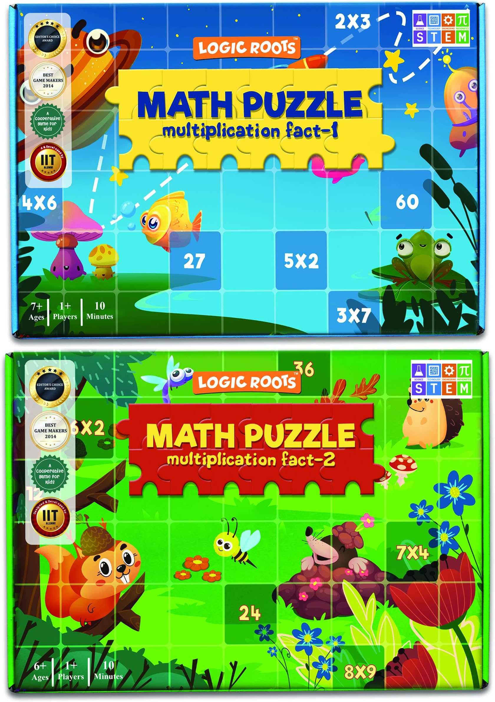 Logic RootsMultiplication Puzzles - Pack of 2 Math Games, Multiplication Table 2-9 Practice, STEM Toys for 7-9 Year Olds, Learning Gift for Kids (Girls & Boys), Homeschoolers, Grade 1 and Up