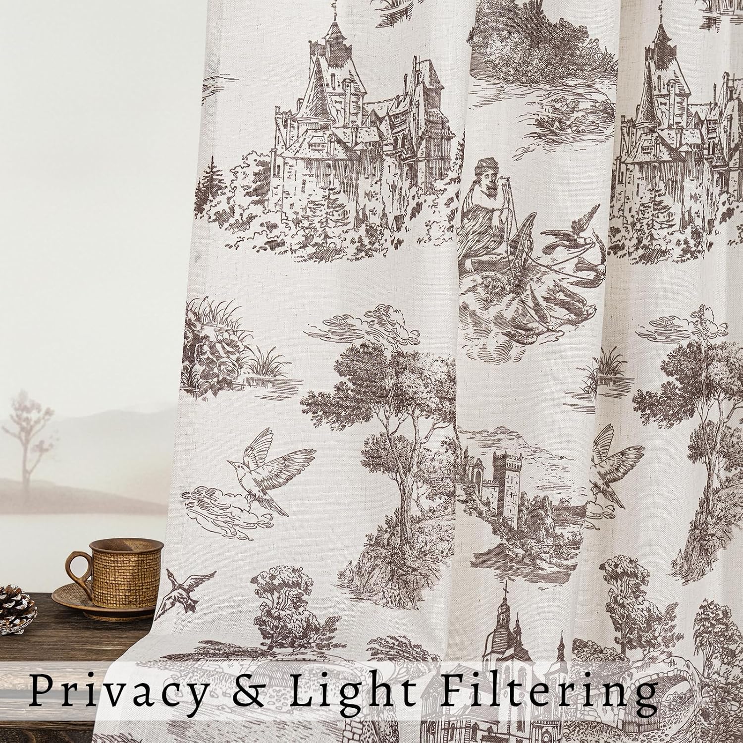 Brown Floral Linen Toile Curtains 84 Inches Long for Living Room Bedroom Toile de Jouy Printed Patterned Country Semi Sheer Curtains Back Tab Light Filtering Coffee Tan Pattern 84 Inch Window Drapes
