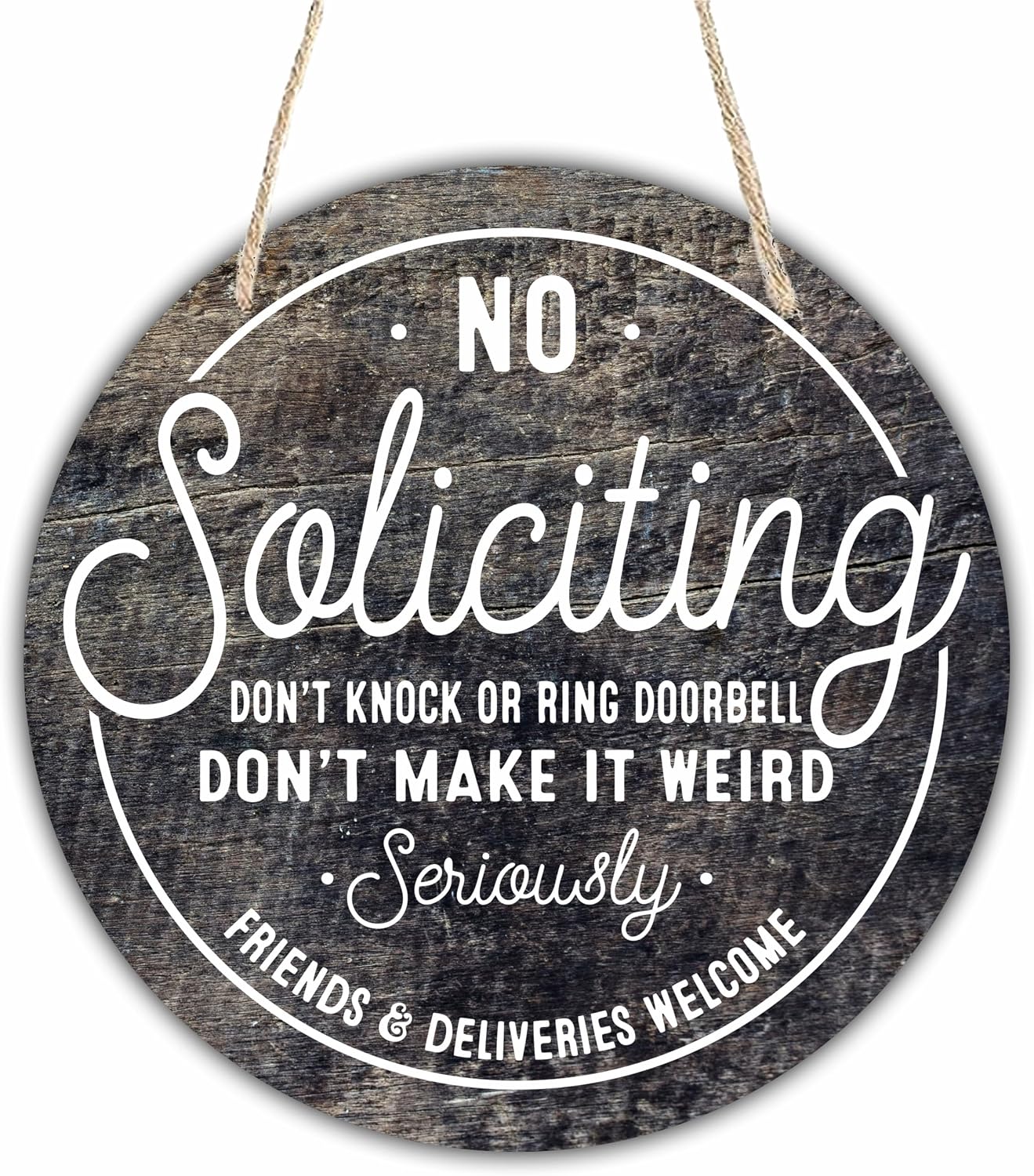Wooden Sign for Front Door - No Soliciting, Don't knock or ring doorbell - 10" Black Retro House Welcome Sign, Funny Round Wood Hanging Sign for House decor home decor, gifts & accessories - 06